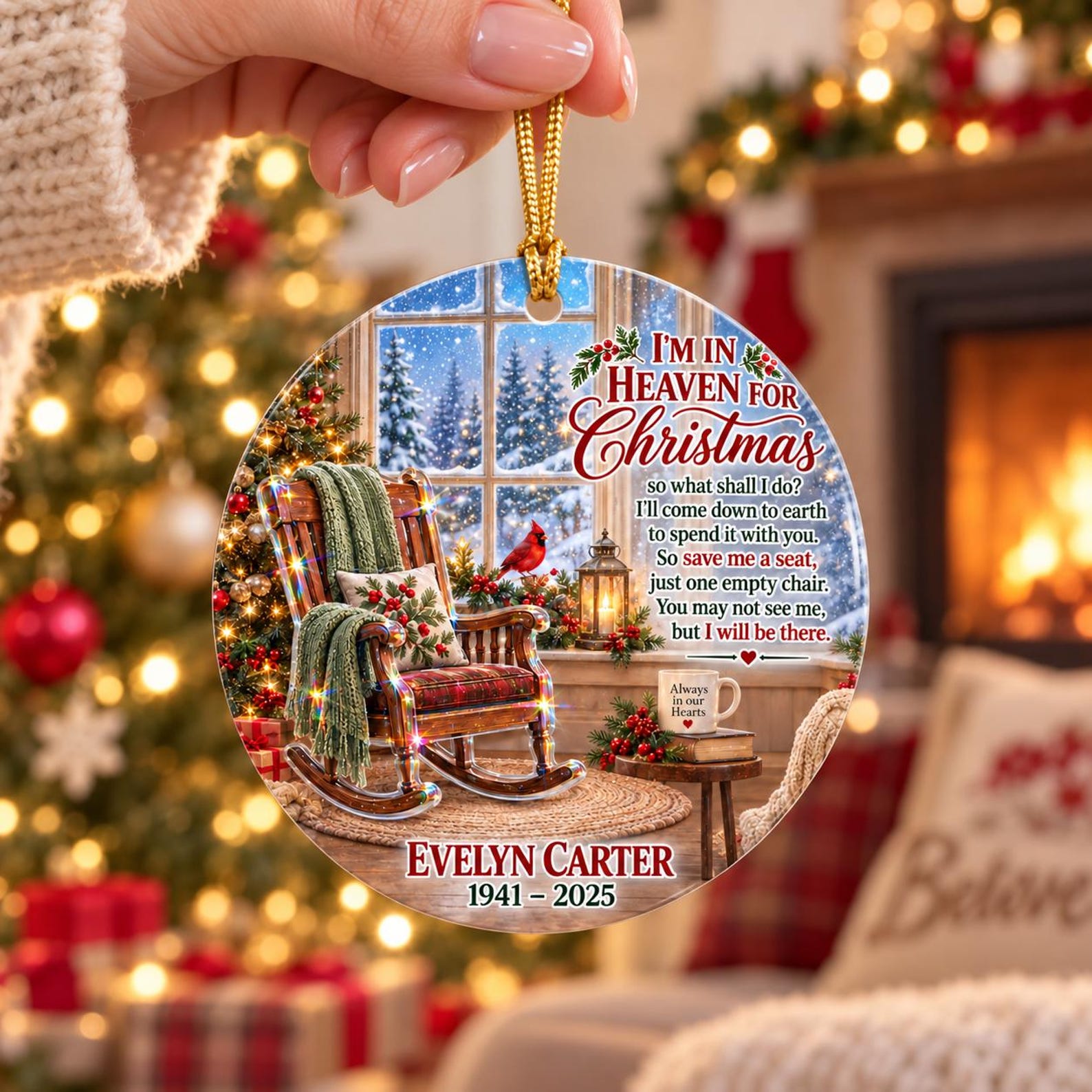 Personalized Photo Memorial Hologram Ornament, I'm In Heaven For Christmas Empty Chair, Sympathy Loss Glitter Gift 2026,Loss Of Loved One Gifts