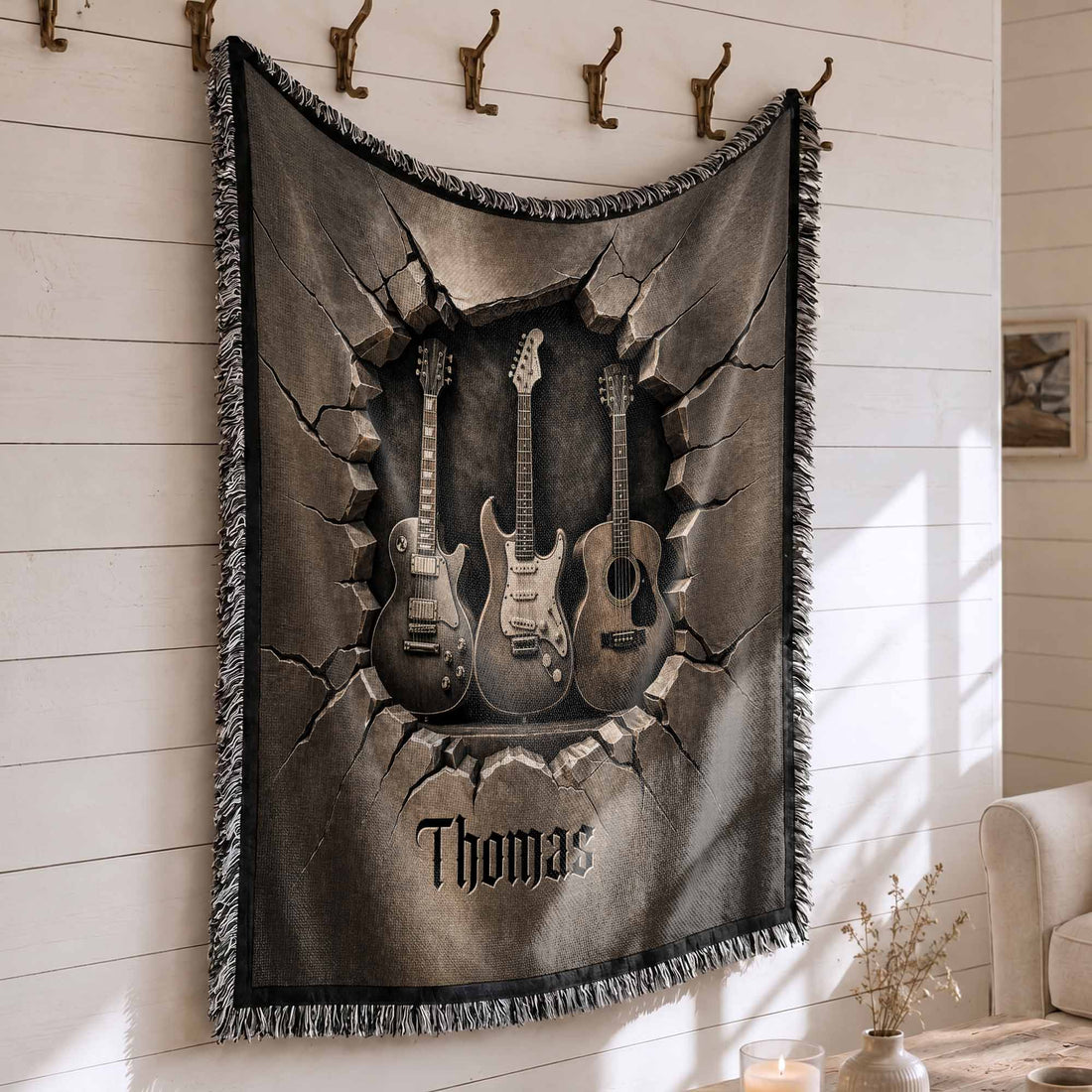 Personalized 3D Guitar Cracked Wall Personalized Woven Blanket, Gift for Musicians