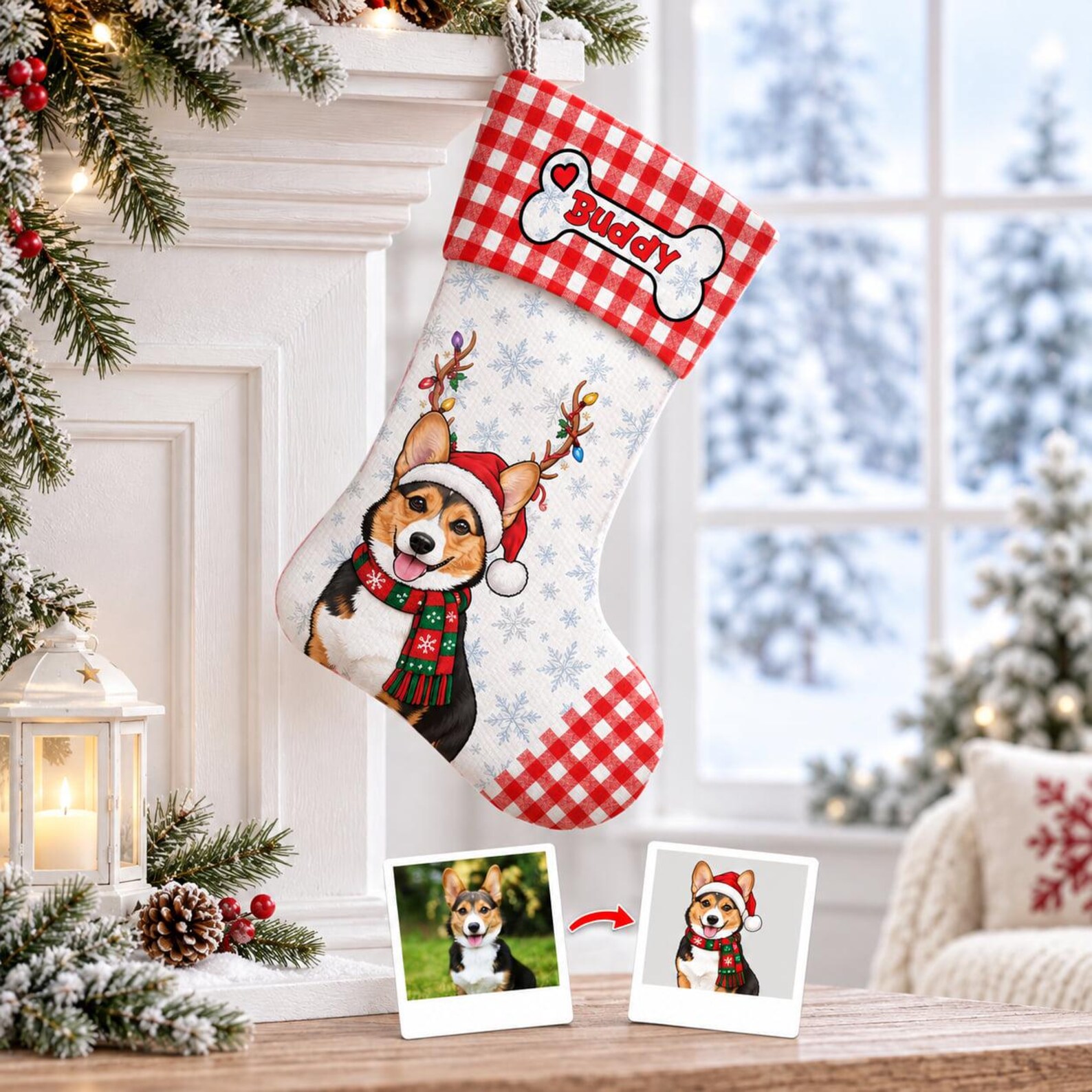 Personalized Christmas Bone Stocking, Custom Pet Photo Name Stocking with Checkered Plaid Pattern, Cute Holiday Decor Gift for Pet Lovers