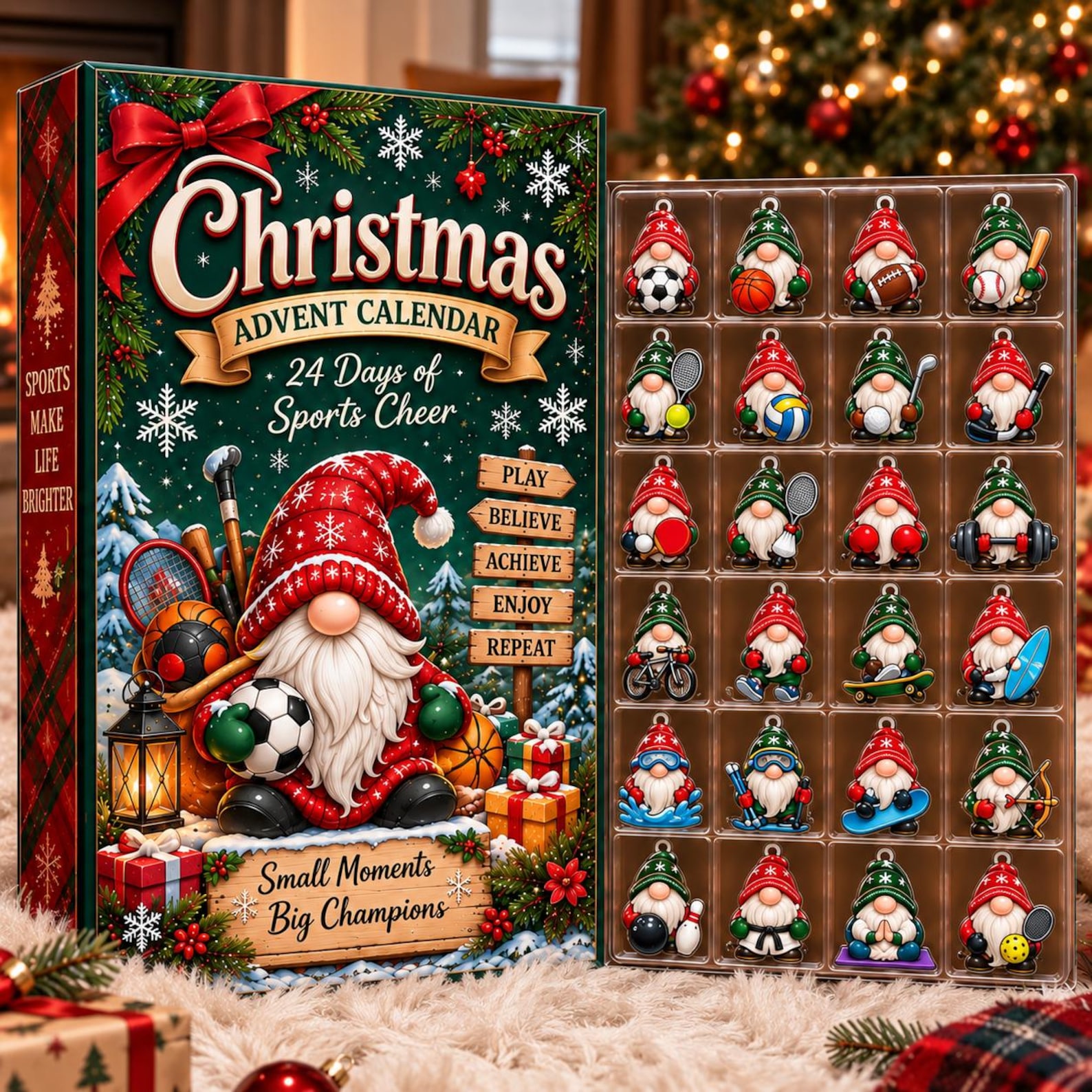 Sports Gnome Advent Calendar, 24-Day Holiday Charm Box, Mini Ornaments