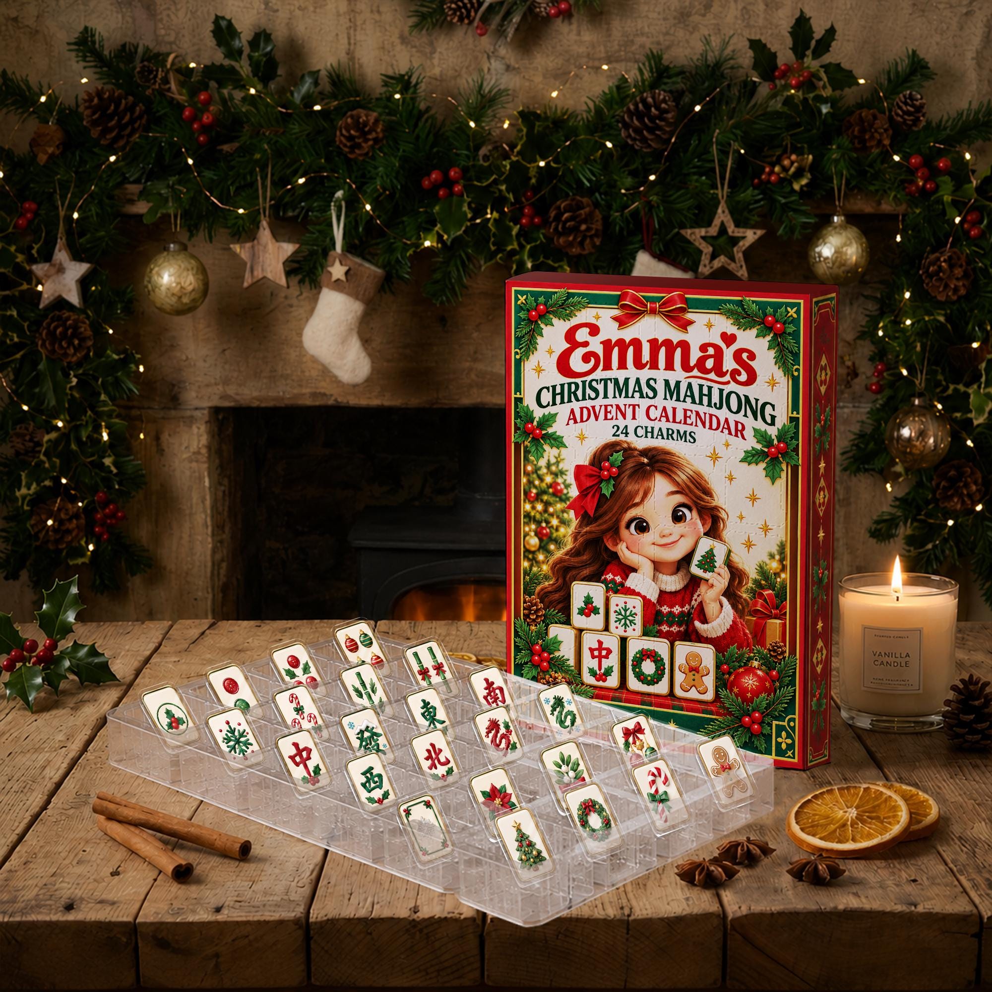 Personalized Mahjong Advent Calendar: Custom Photo Box, 24 Christmas Charms