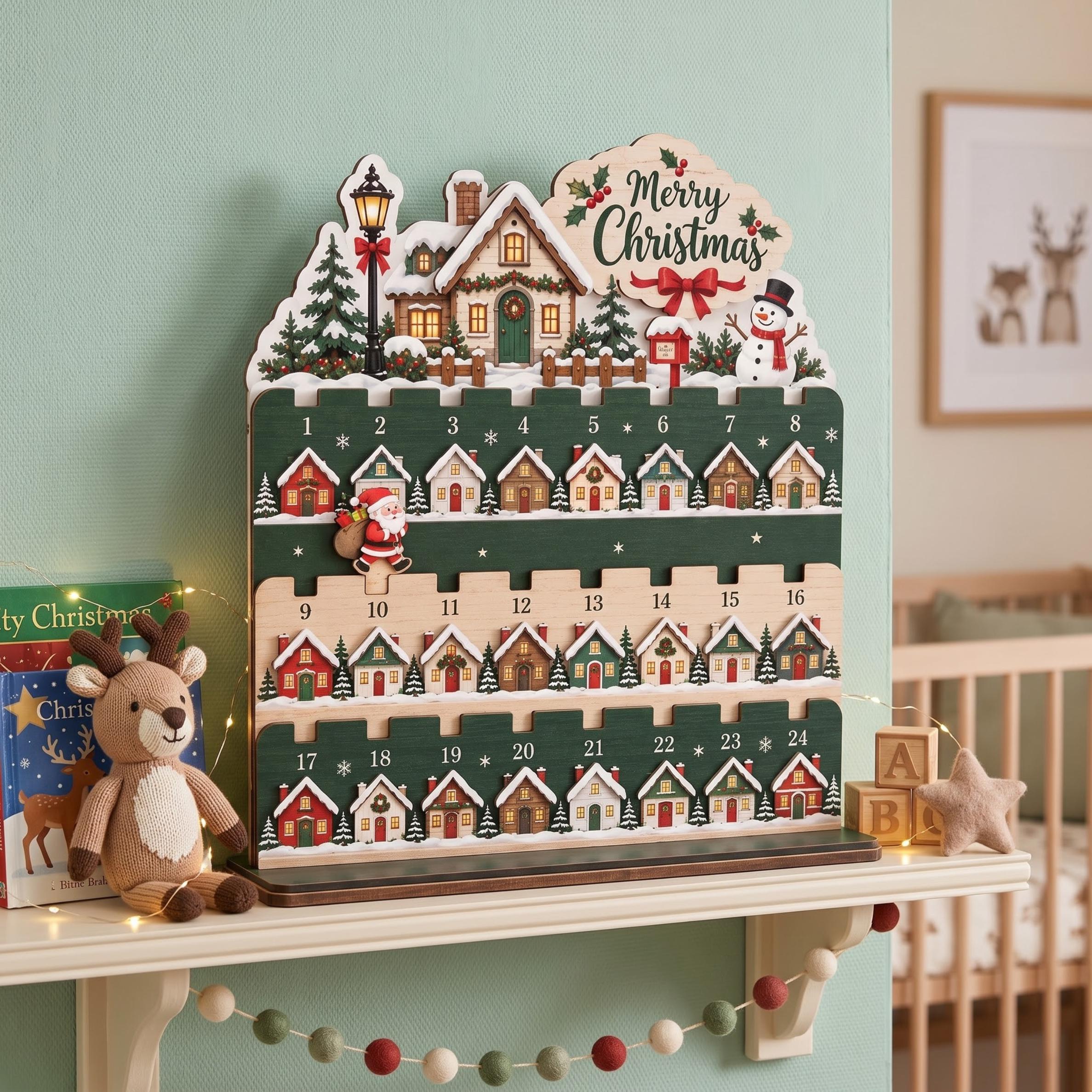 Christmas Countdown Calendar Wooden Stand, 24-Day Advent, Santa Village Decor