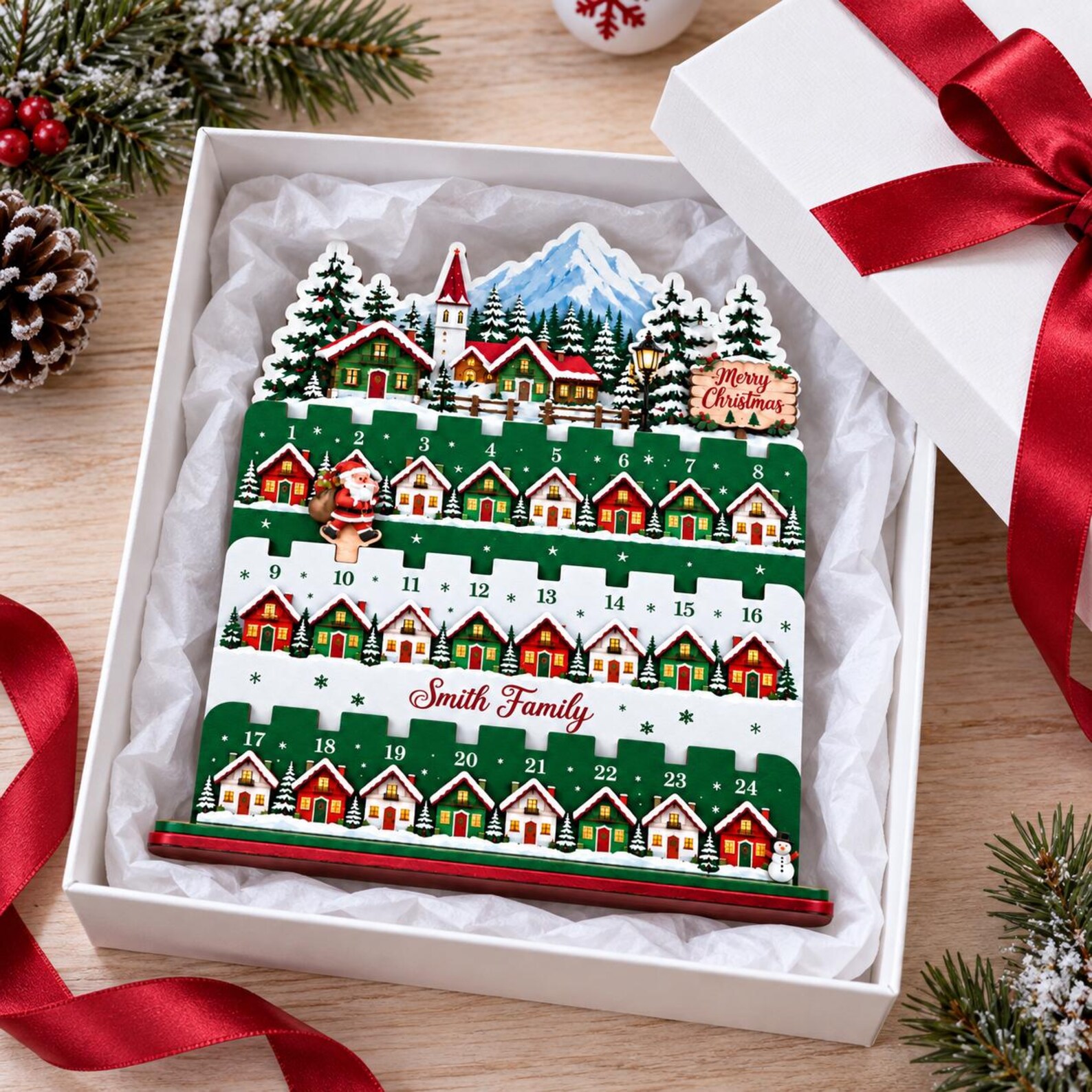 Personalized Christmas Countdown Calendar Wooden Stand, 24-Day Family Advent Calendar