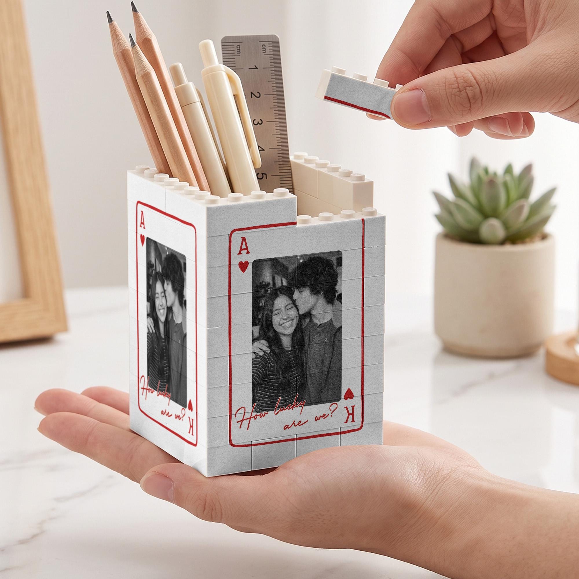 Personalized Couple Playing Card Block Pen Holder, 1 St Anniversary Gift For Husband, Personalized Desk Organizer For Wife, Birthday Gift For Him