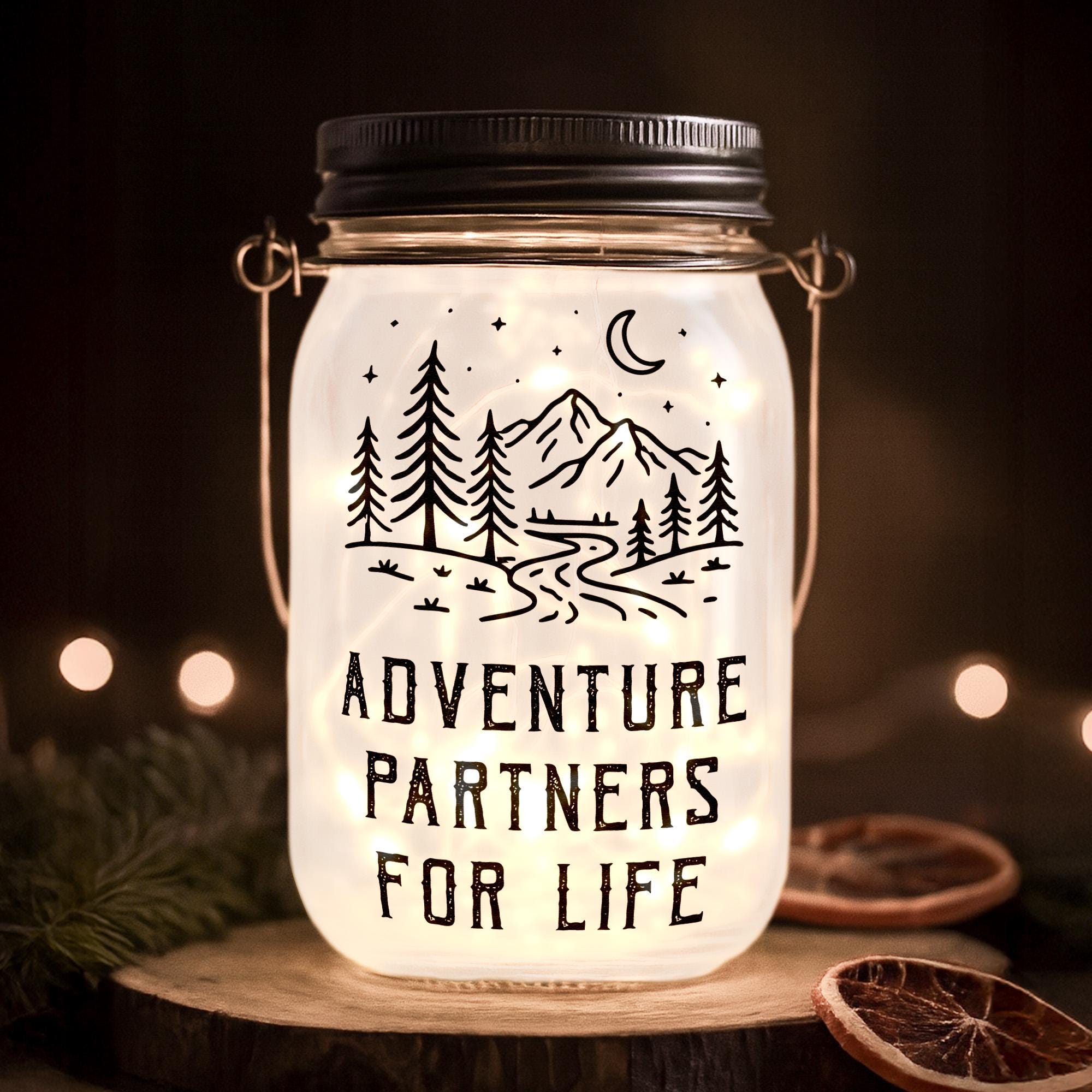 Personalized Adventure Partners For Life Solar Mason Jar Light, Custom Camping Couple Night Light Jar, Hiking Couple Keepsake, Couple Gift