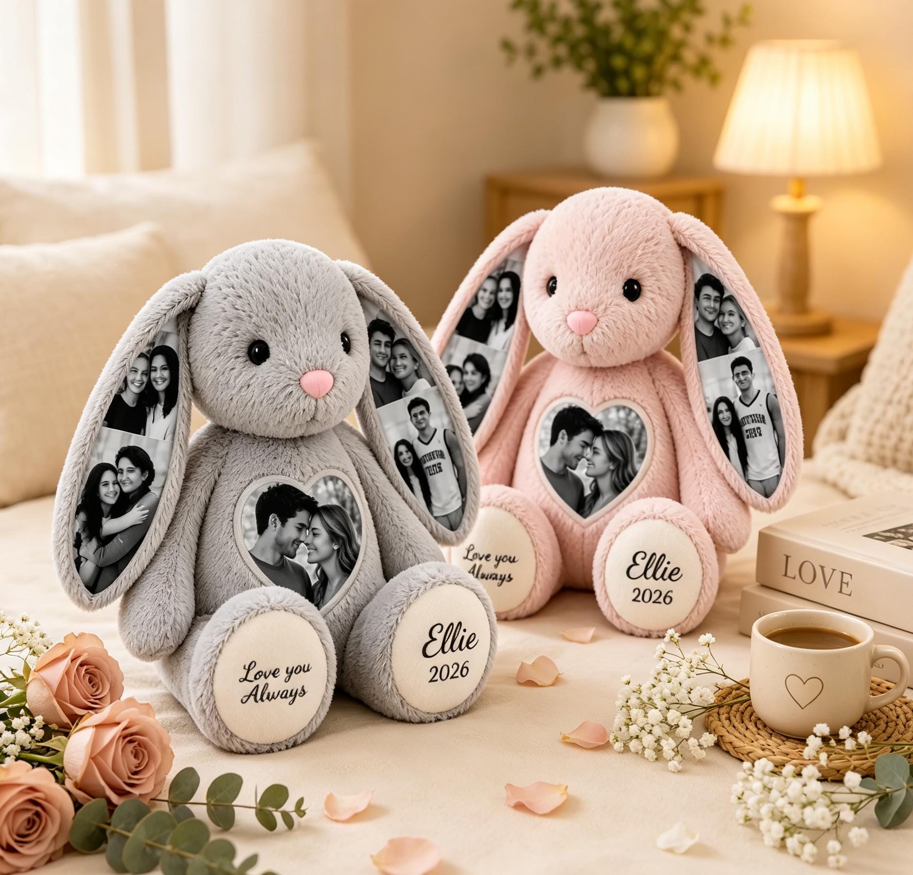 Personalized Photo Bunny Plush  Custom Hidden Ear Stuffed Animal Memory Keepsake Rabbit Gift for Couples Bestie