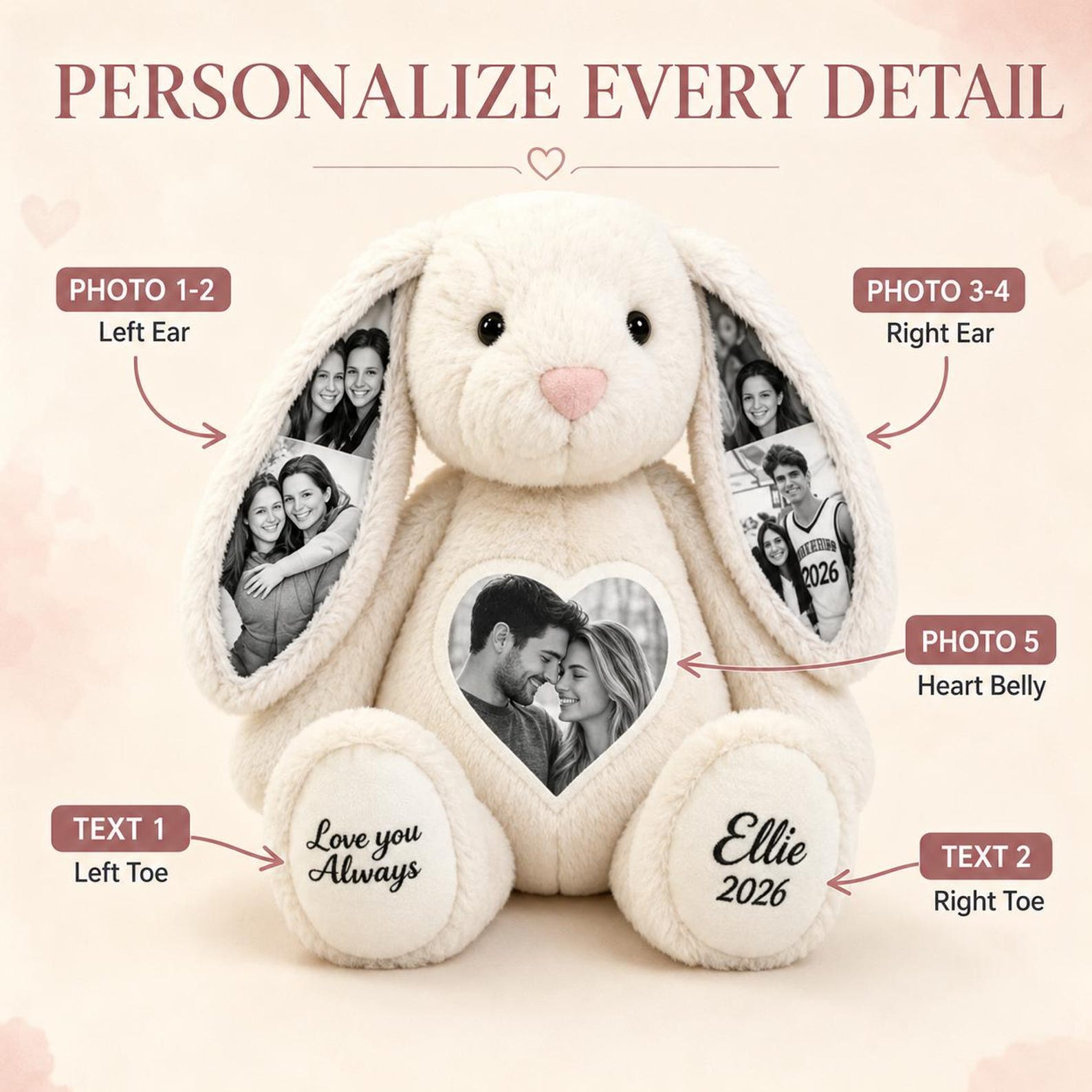 Personalized Photo Bunny Plush  Custom Hidden Ear Stuffed Animal Memory Keepsake Rabbit Gift for Couples Bestie