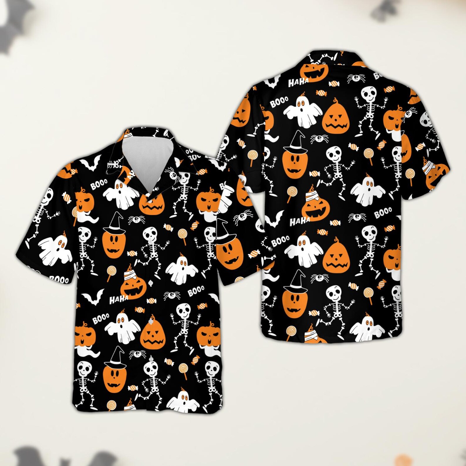 Personalized Face Halloween Hawaiian Shirt, Personalized Skeleton Shirt with Photo, Spooky Ghost Pumpkin Bat Button Down, Funny Halloween Gift