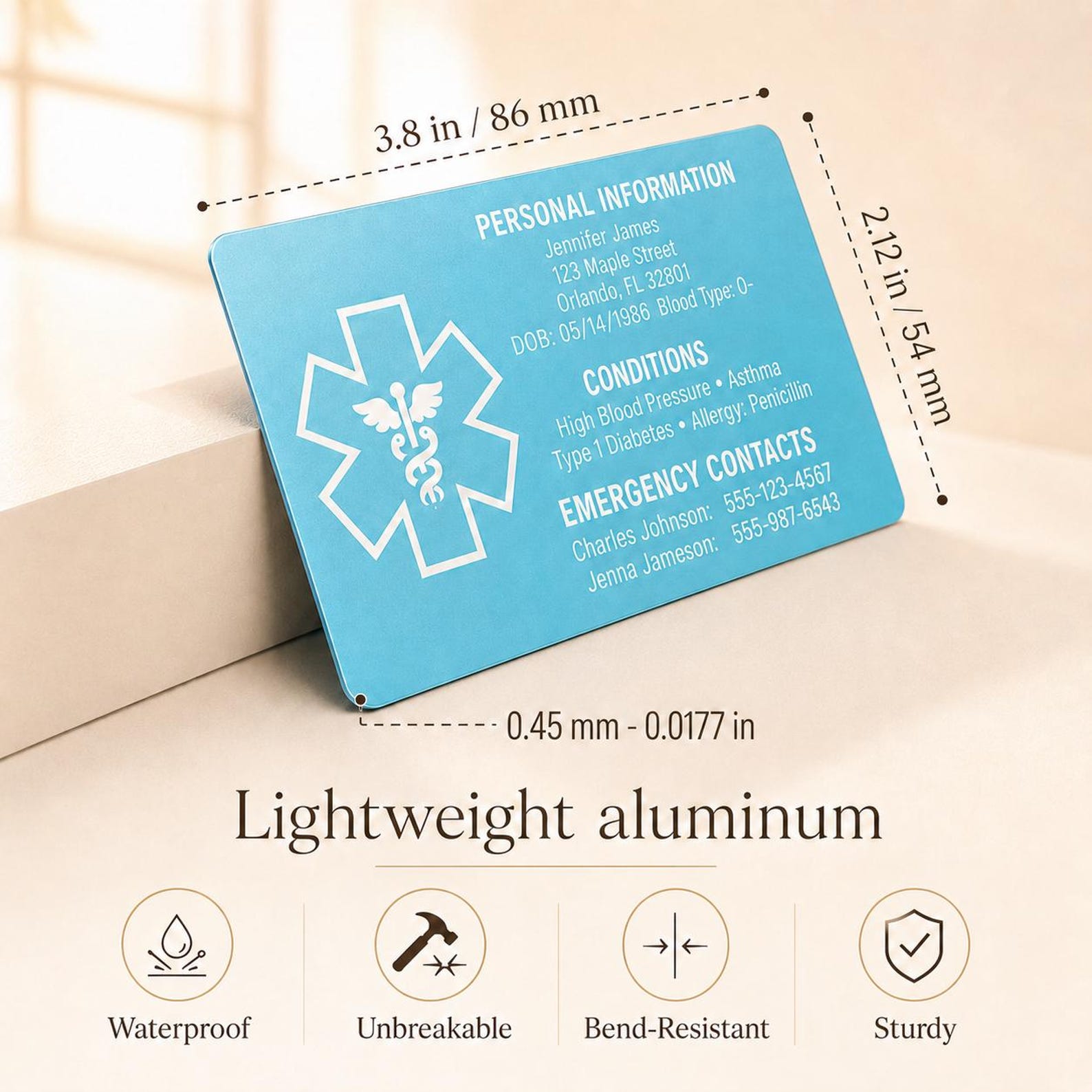 Personalized Medical Card & Keychain ID for Wallet, Aluminum Custom Engraved Emergency Contact, Personalized Metal Safety Alert for Medic Conditions