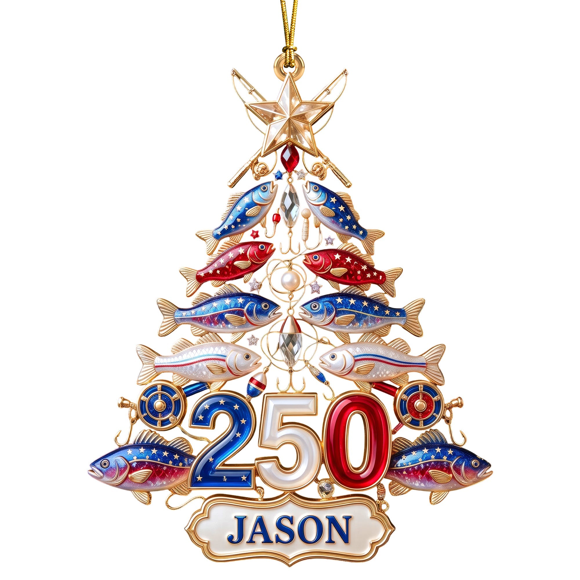 Personalized Fishing 250th USA Anniversary Ornament - Personalized Gifts For Christmas