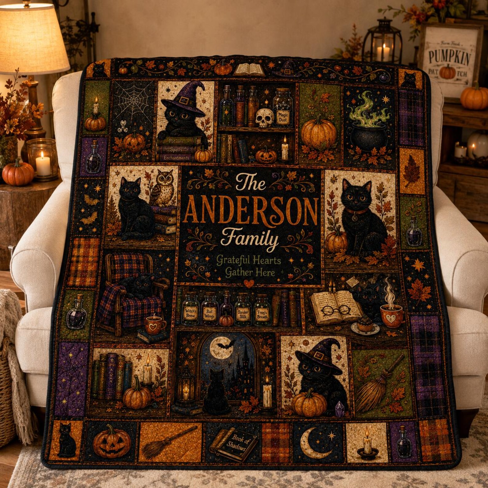 Personalized Halloween Quilt Blanket, Custom Family Name Black Cat Witch Throw, Pumpkin Gothic Patchwork, Spooky Autumn Gift