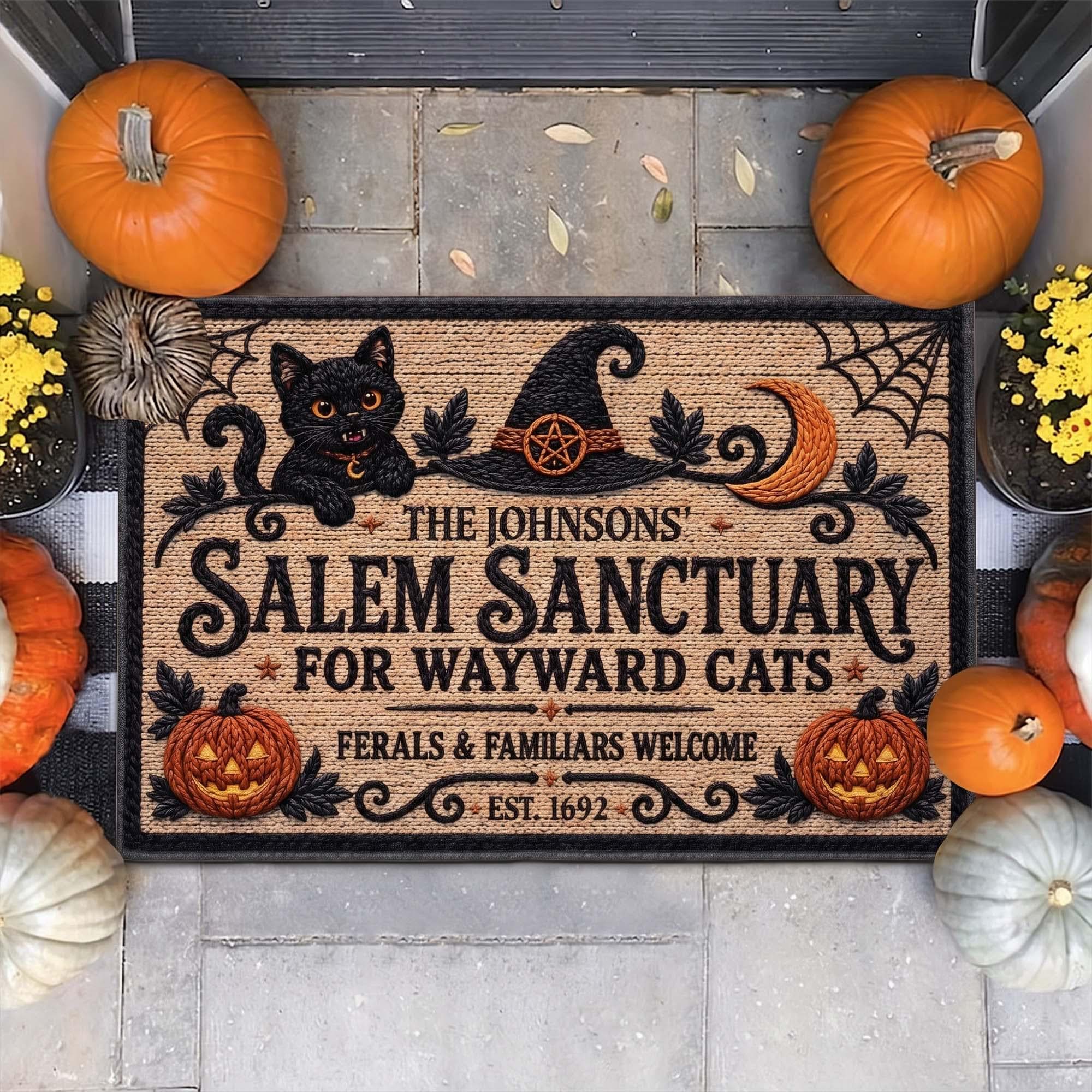 Personalized Witch Cat Welcome Mat, Salem Sanctuary Personalized Halloween Doormat, Custom Family Name Wayward Cats Sign, Cat Lover Porch Fall Decor