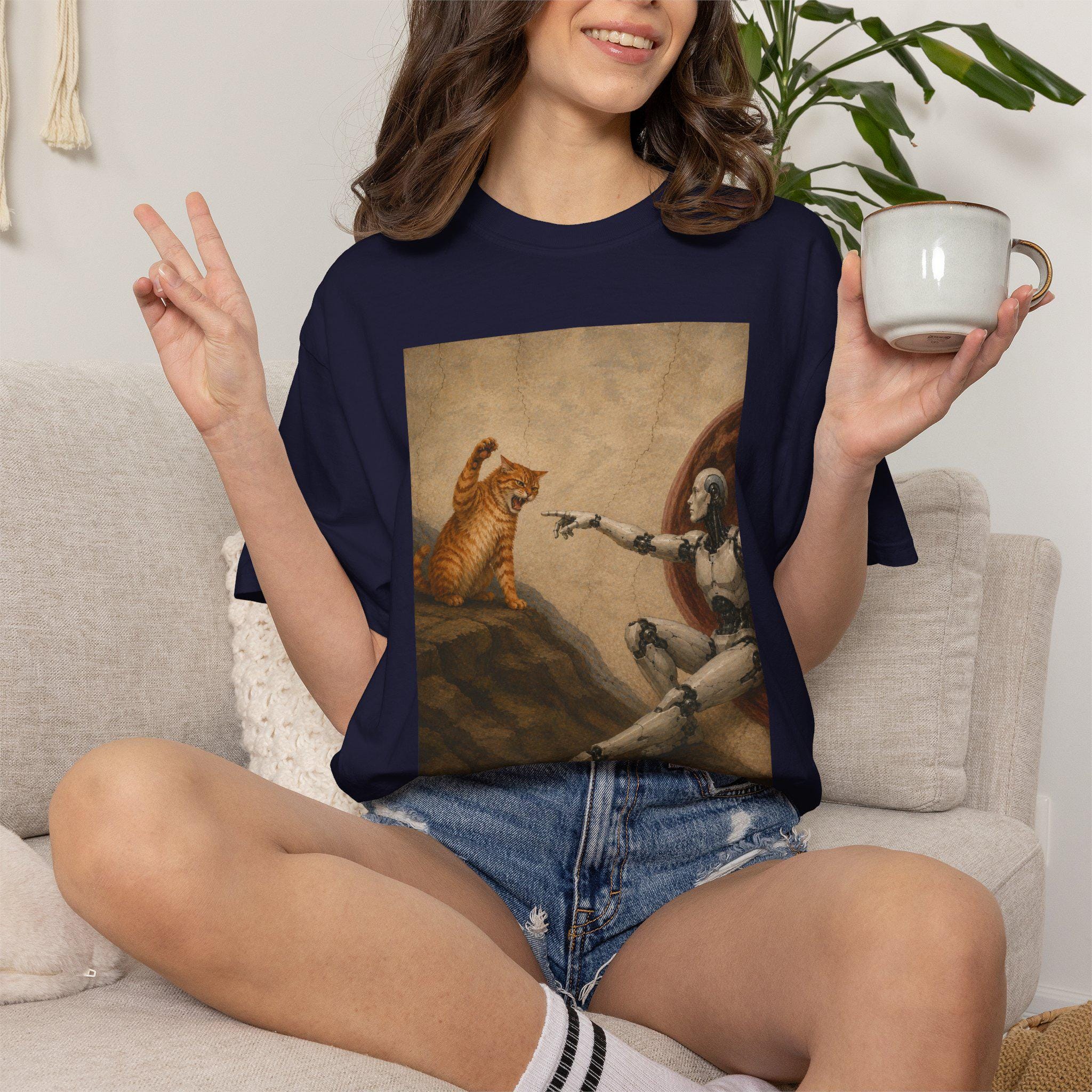 Funny Anti AI Cat TShirt Cat Famous Painting Meme Tee Cat Lover Shirt Gen Z Joke Shirt Stupid Brainrot Gift Conspiracy Theory Gen Z Fashion
