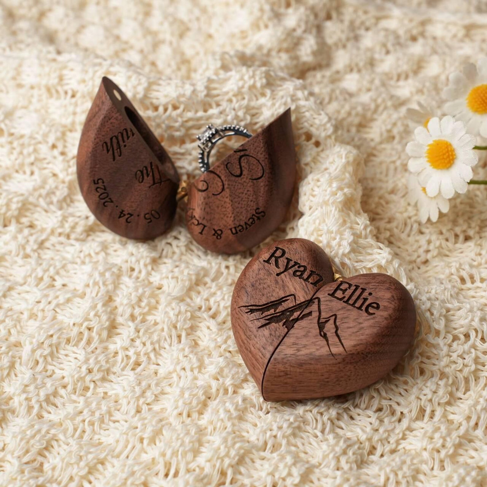 Personalized Custom Heart Shaped Wooden Ring Box, Personalized Walnut Ring Holder, Engagement & Wedding Ring Box, Anniversary Gift