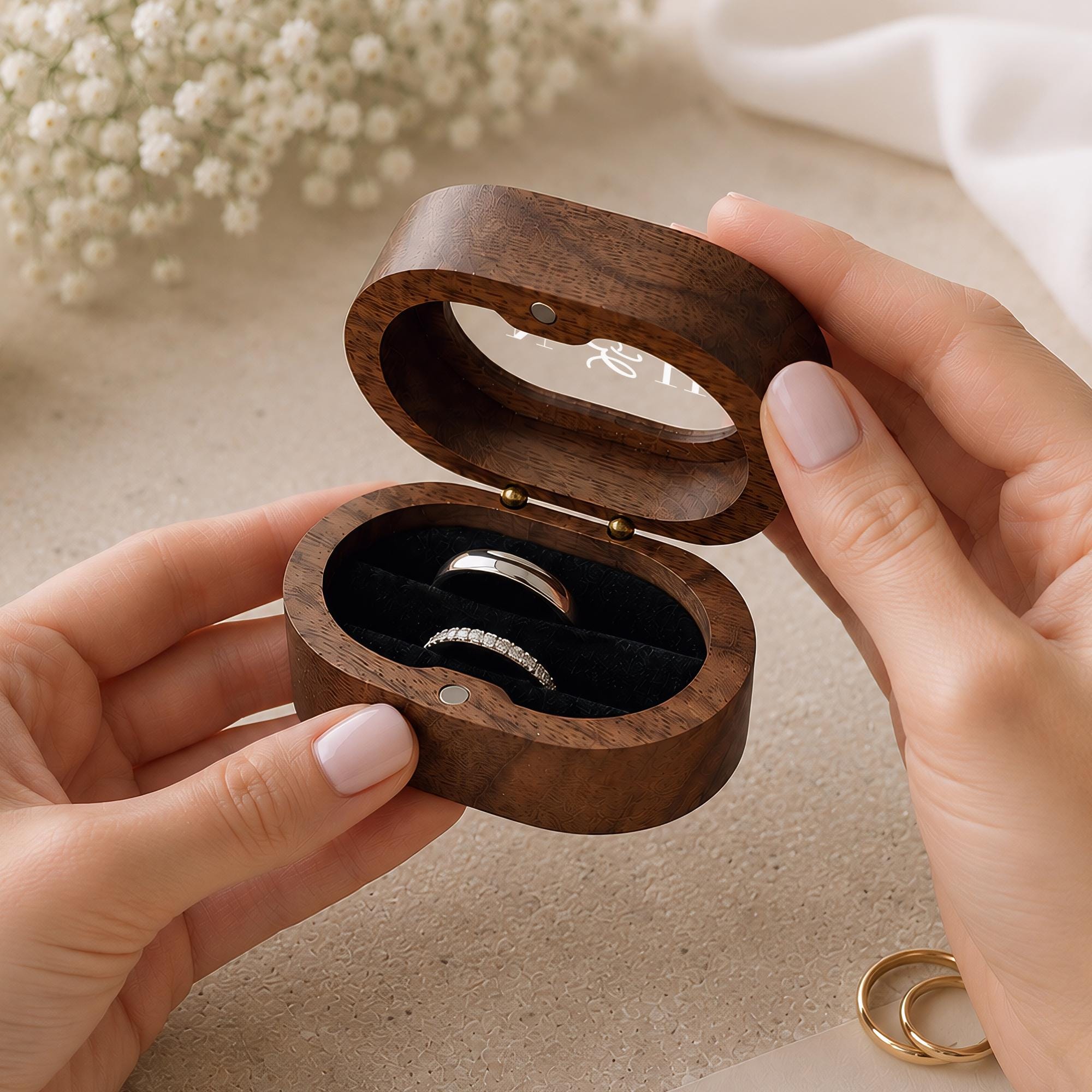 Personalised Walnut Wedding Ring Box, Oval Ring Bearer Box, Engagement Box, Proposal Ring Holder Keepsake