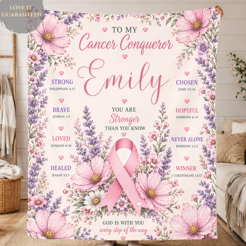 Personalized Cancer Warrior Blanket, Breast Cancer Gift for Women, Chemo Blanket, Christian Cancer Blanket, Pink Ribbon Minky Sherpa Plush