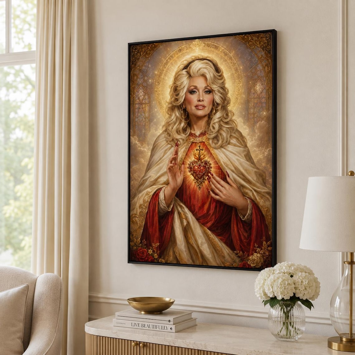 Personalized Dolly  Photo Framed Parton Saint Icon Canvas | Sacred Heart Wall Art | Country Music Legend Decor | Holy Mother Aesthetic Print | Ready to Hang