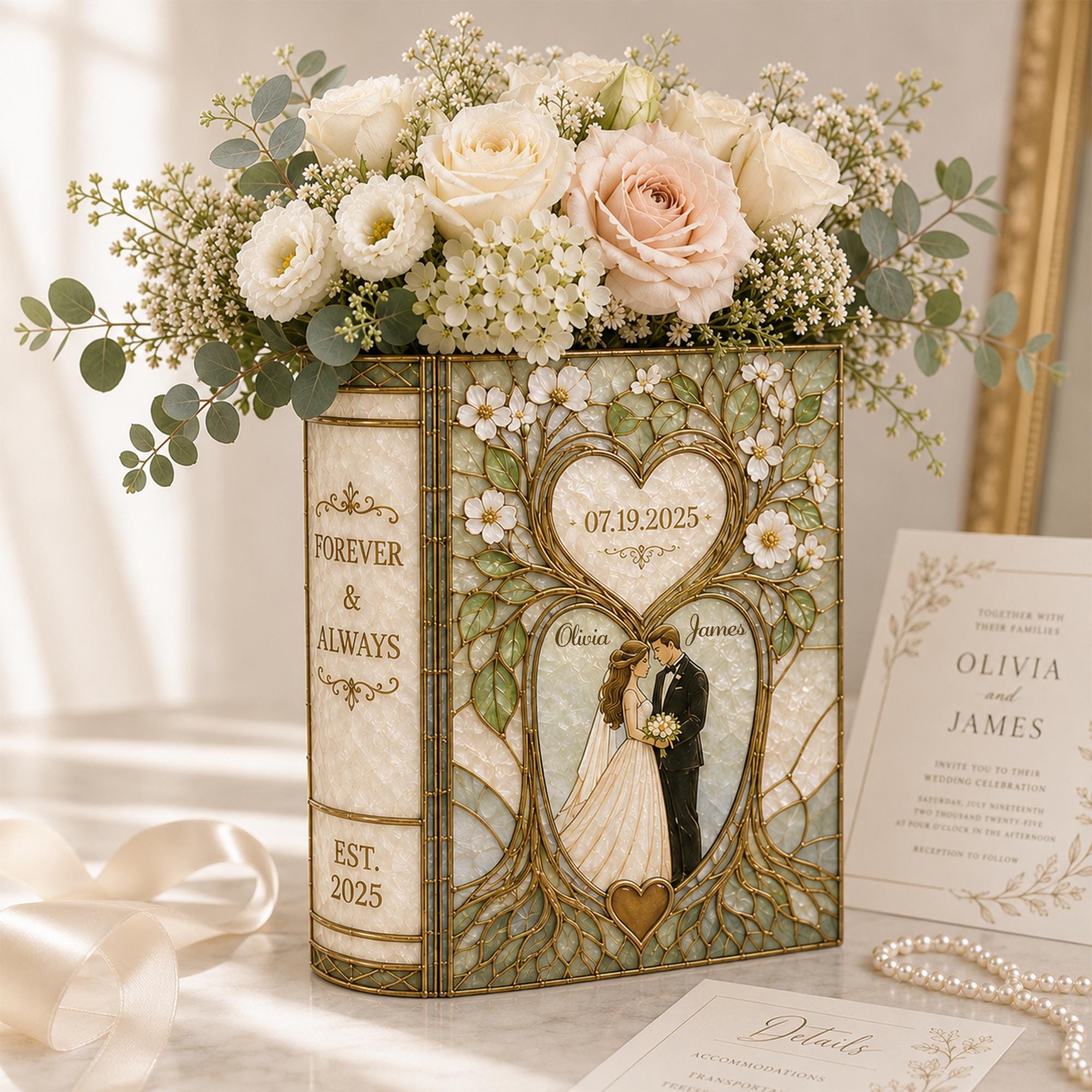 Personalized Floral Book Shaped Vase Personalized Couple Initials Vase Wedding Centerpiece Gift, Anniversary Keepsake Decor
