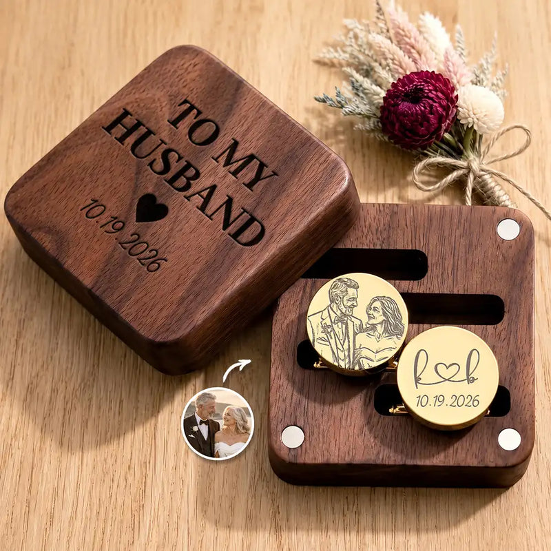 Personalized Photo Bold Sketch Romantic Couple Portrait - Personalized Circular Cufflinks