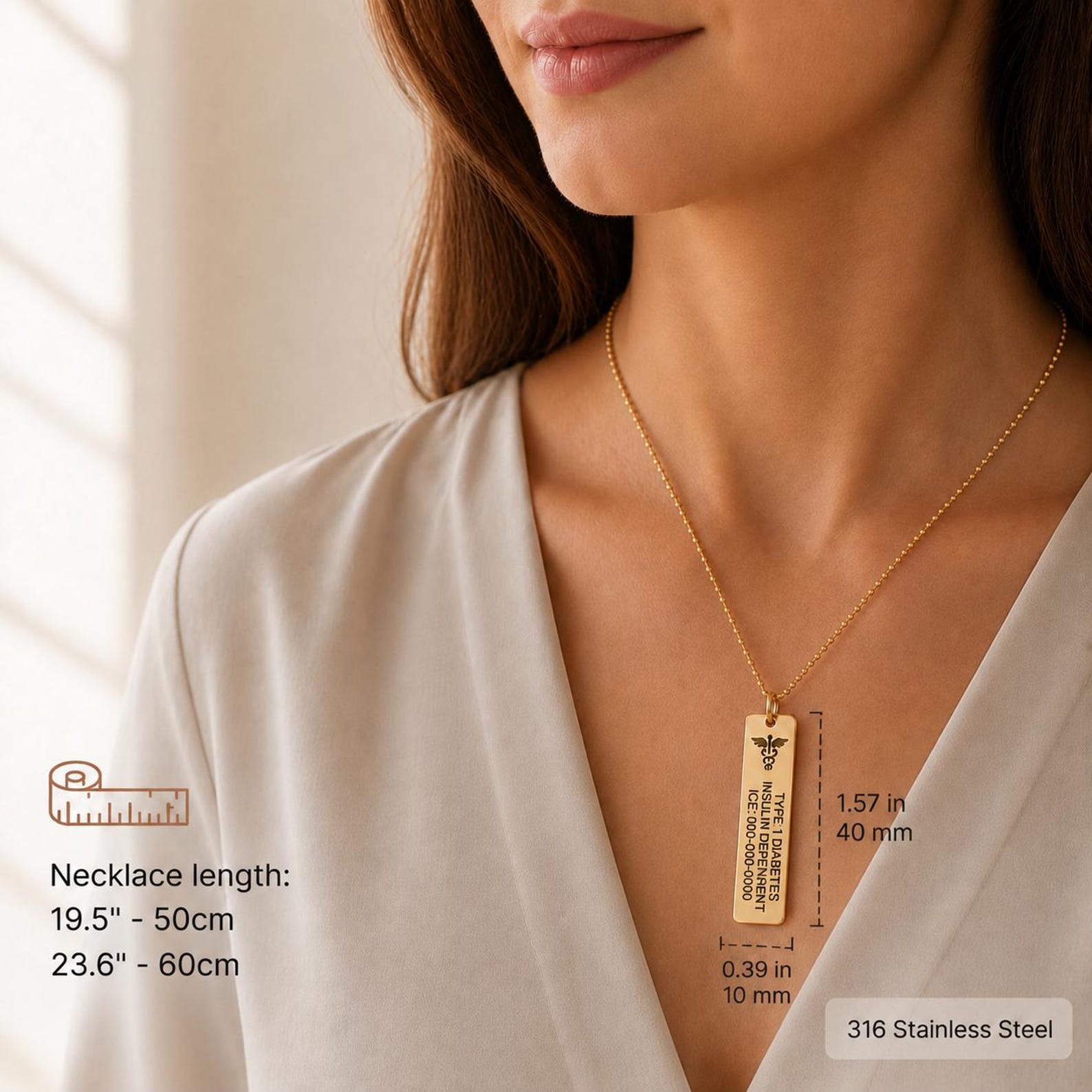 Personalized Type 1 Diabetes Medical ID Bar Necklace, Stainless Steel Engraved Alert Jewelry