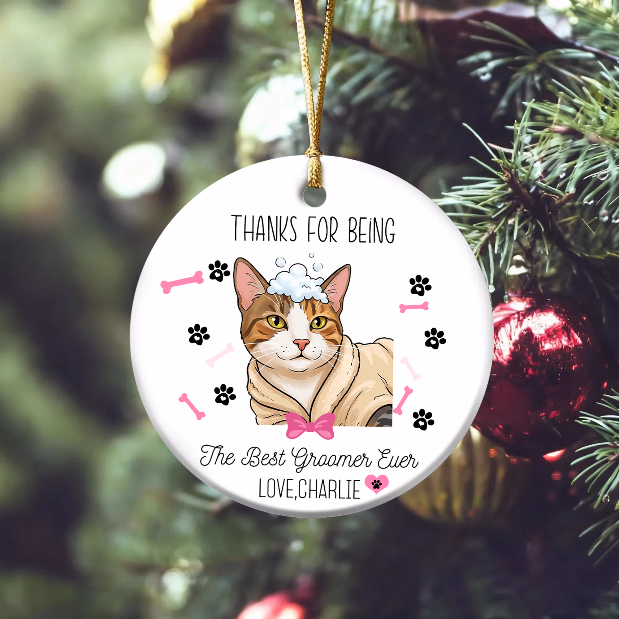 Personalized Dog Bone Paw Cartoon Pet Photo Round Ceramic Ornament with Name Birthday Home Decor Gift for Pet Groomer