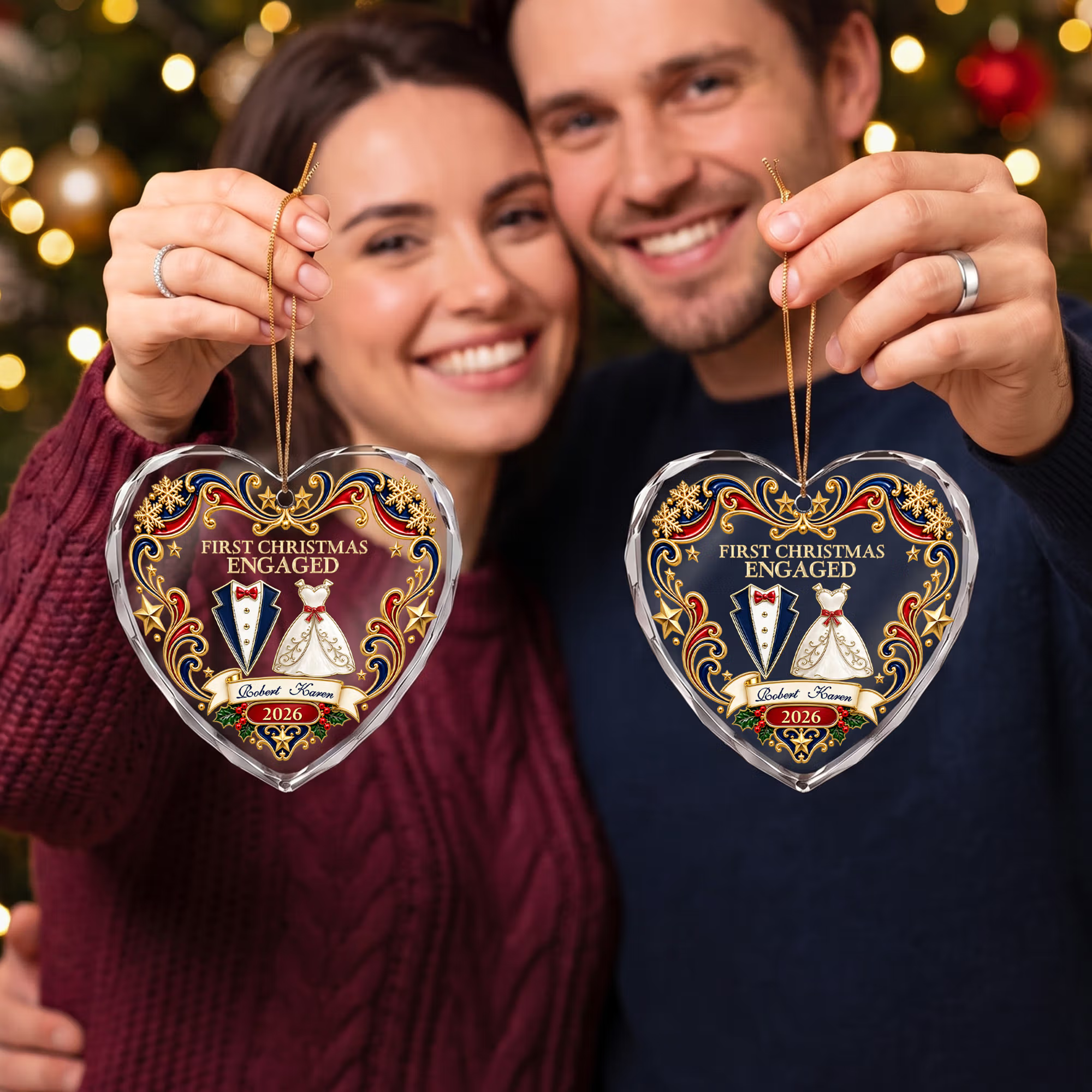 Personalized First Christmas Wedding Gown Suit Design Heart-Shaped Ornament with Name and Year Tree Decor Christmas Gift for Newlyweds Couple