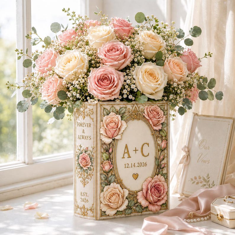Personalized Floral Book Shaped Vase Personalized Couple Initials Vase Wedding Centerpiece Gift, Anniversary Keepsake Decor