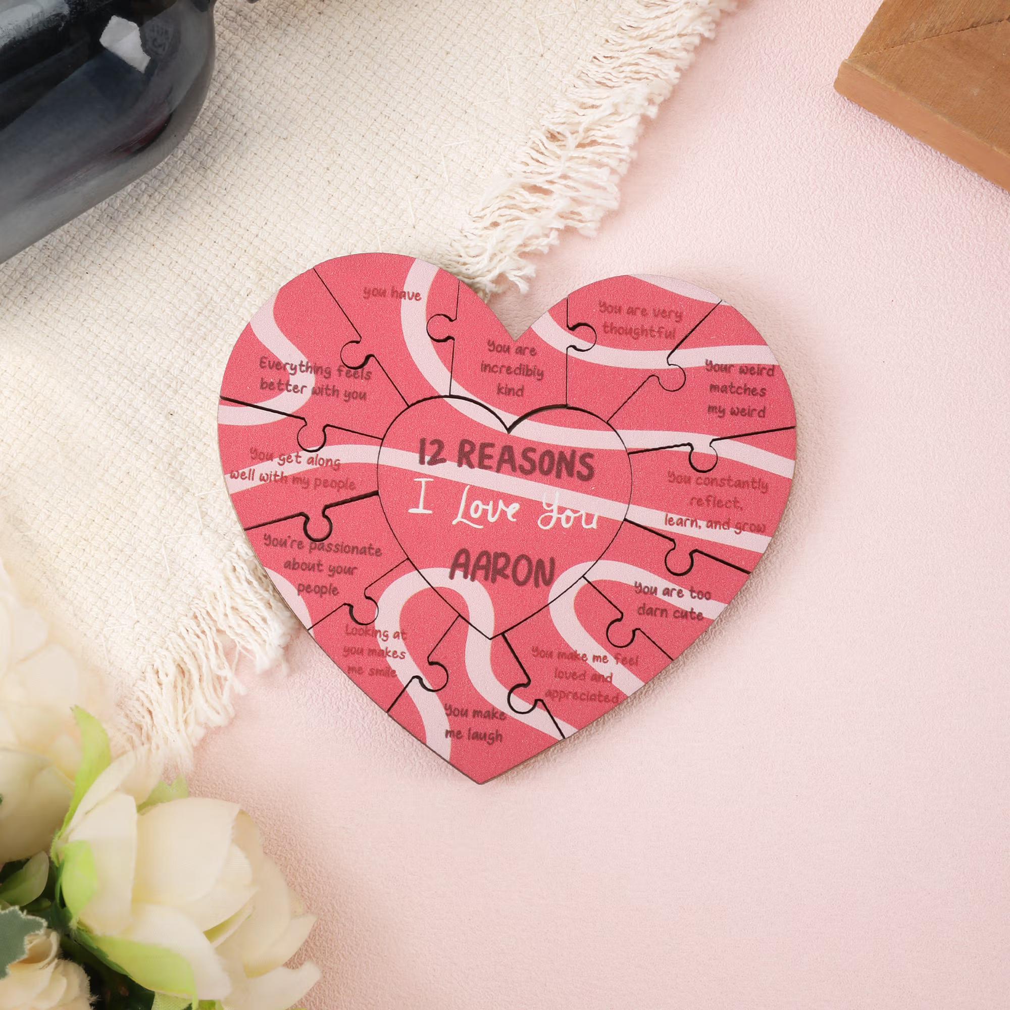 Personalized 12 Reasons I Love You Heart Wooden Puzzles with Name Anniversary Wedding Gift for Couple Husband Wife