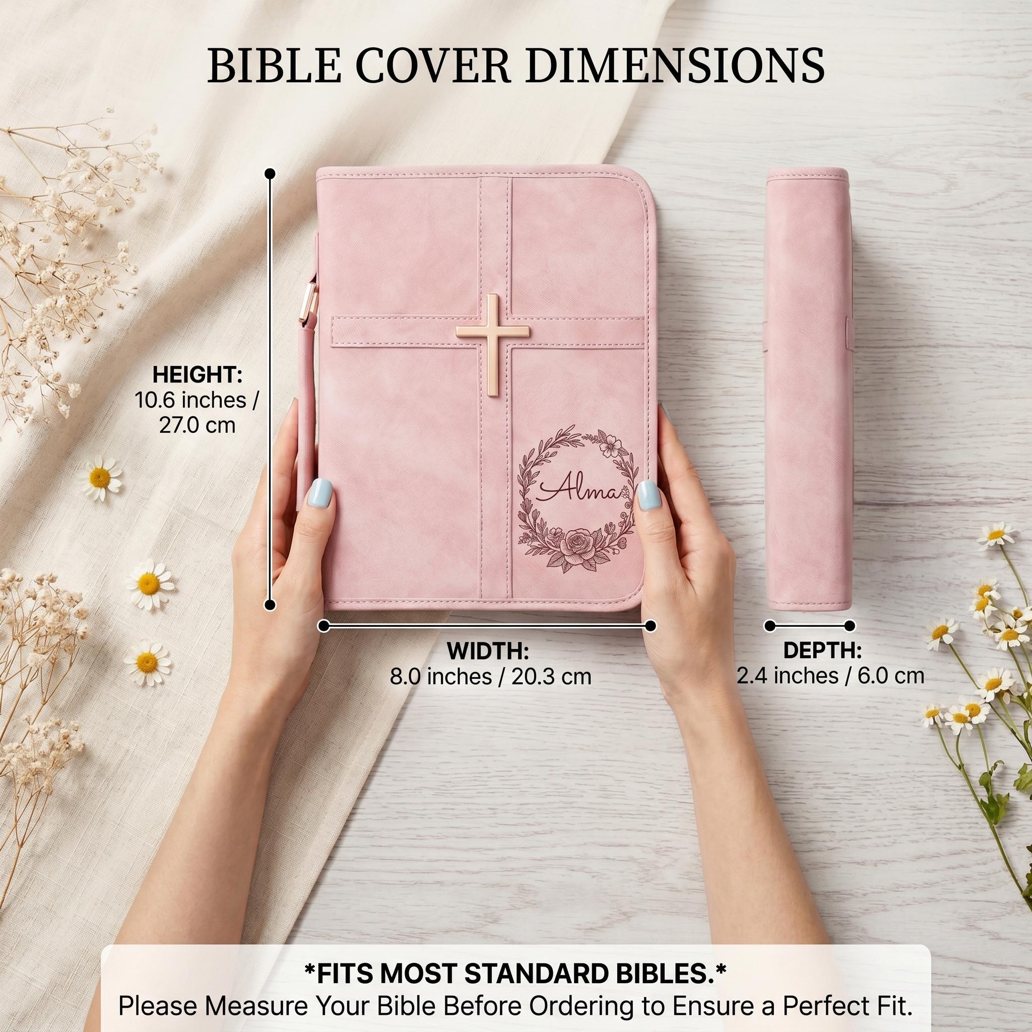 Personalized Leather Bible Cover Engraved Name Rose Gold Cross Zipper Case With Handle