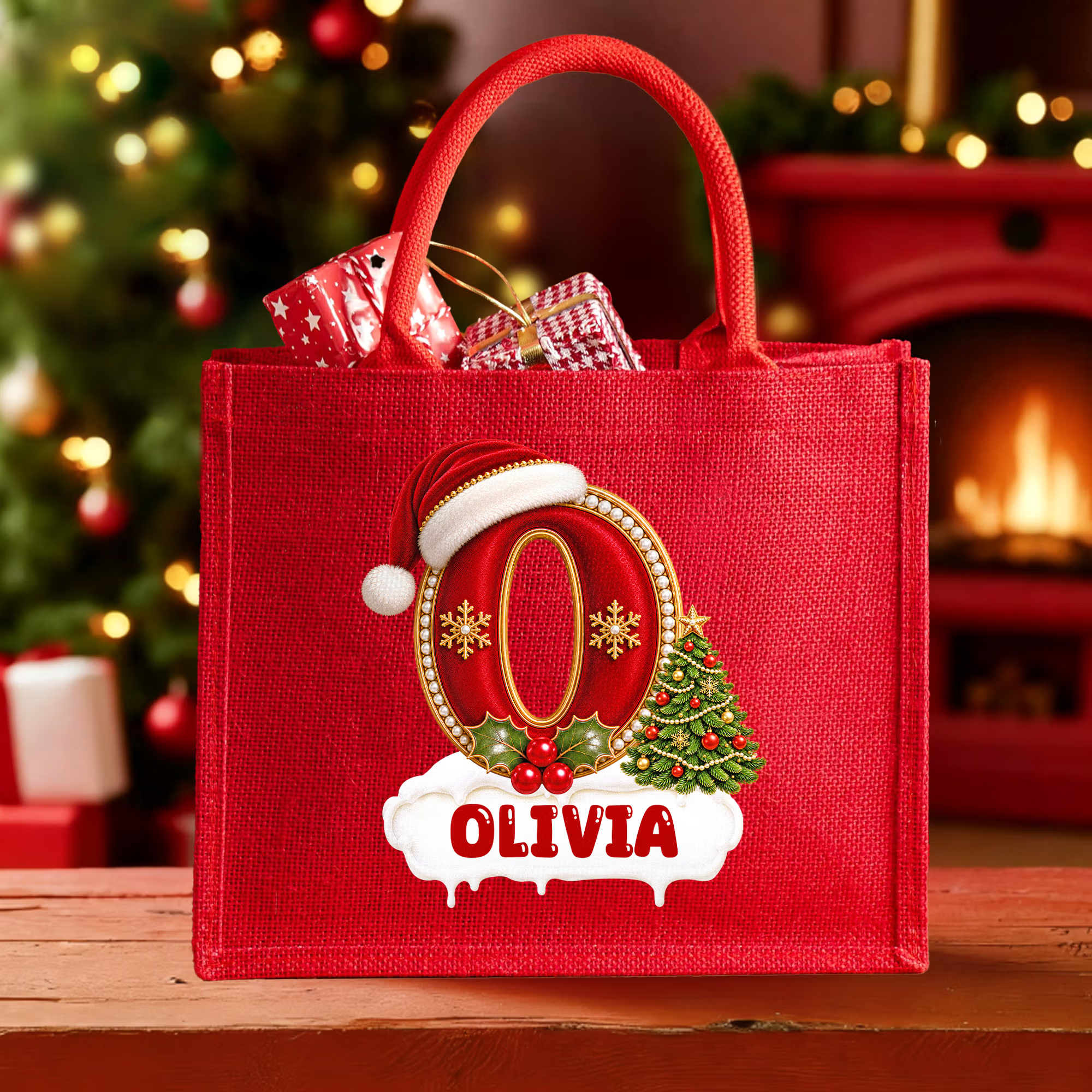 Personalized Christmas Large Capacity Red Jute Tote Bag with Name Christmas Party Gift for Neighbors Christmas Stockings Bag 
