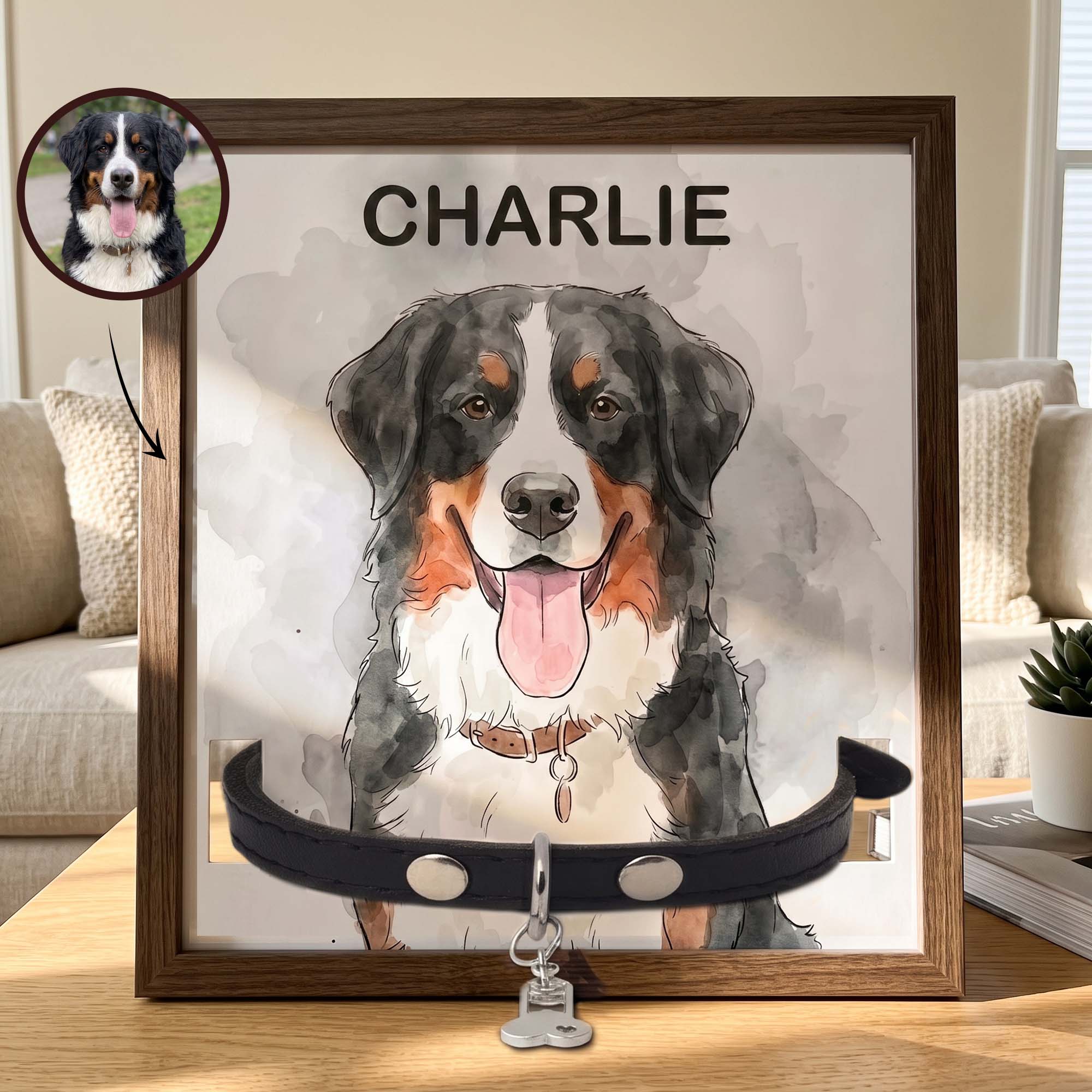 Personalized Pet Collar Frame Keepsake Custom Pet Portrait Watecolor Art - Personalized Frame