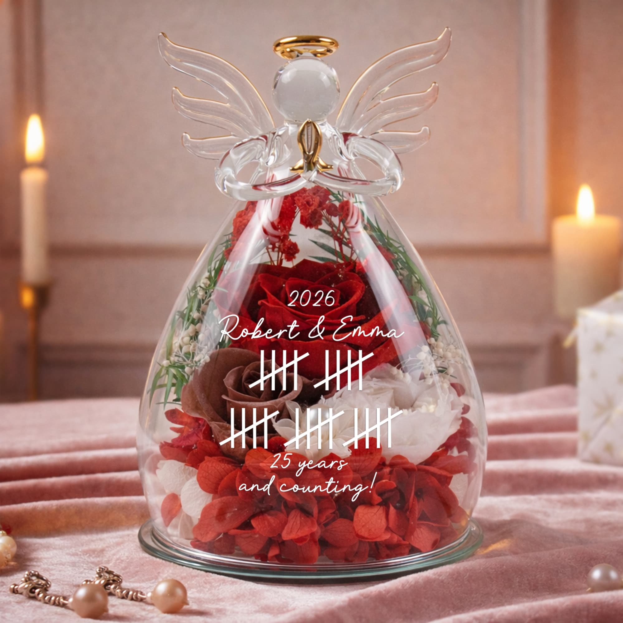 Personalized Couple Anniversary Gift For Her - Personalized Flower In Glass Angel Figurines