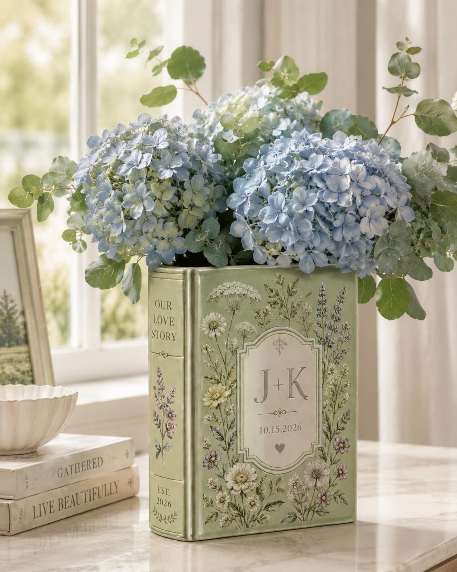 Personalized Floral Book Shaped Vase Personalized Couple Initials Vase Wedding Centerpiece Gift, Anniversary Keepsake Decor