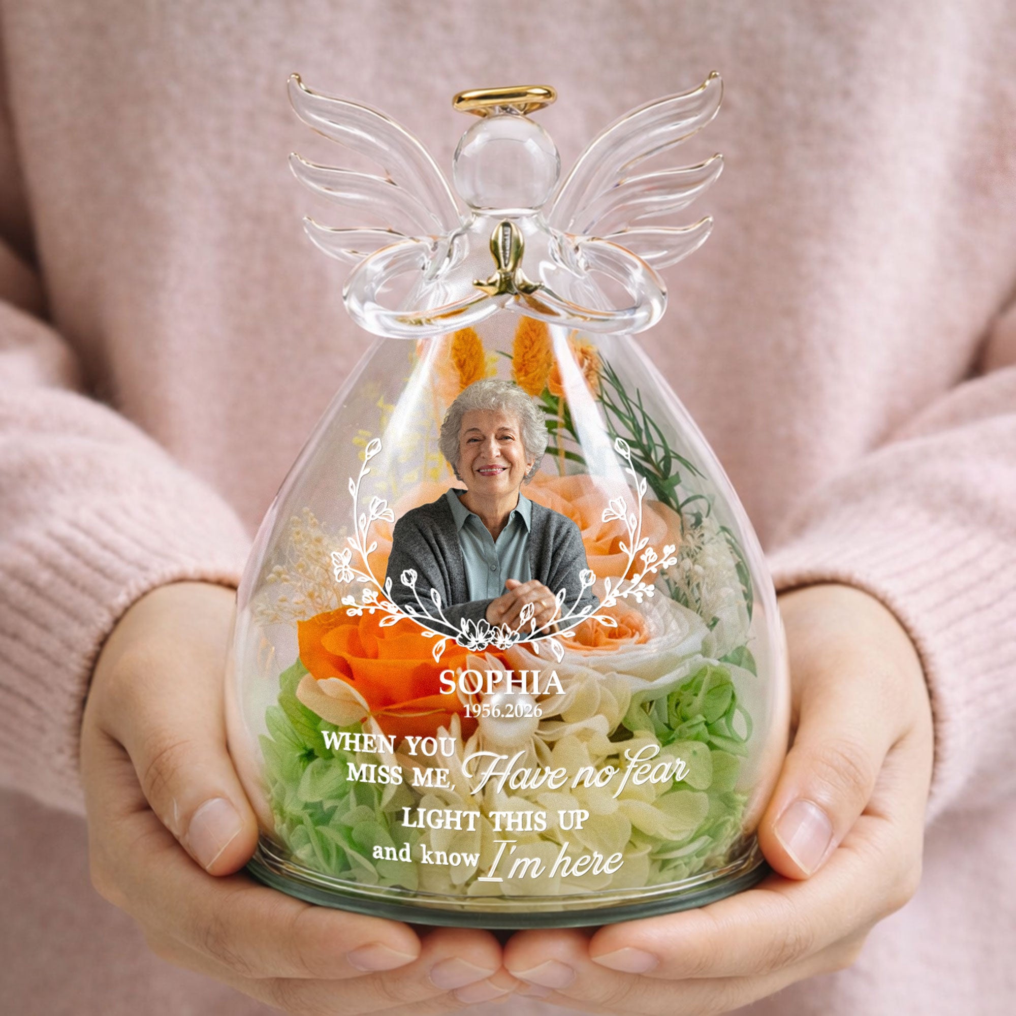 Personalized Light This Up And Know I'm Here Memorial Gift - Personalized Flower In Glass Angel Figurines