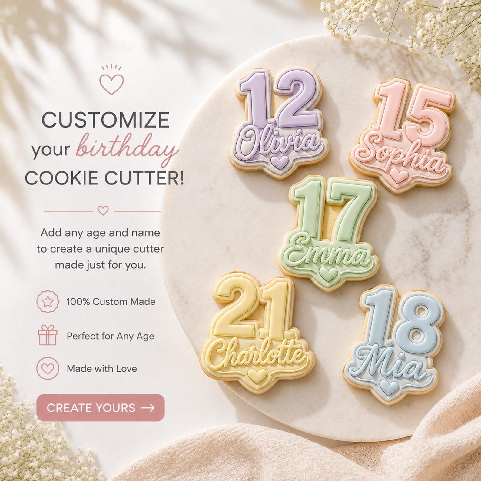 Personalized Name & Age Birthday Cookie Cutter with Stamp, Personalized Number Embosser, Baking Tool