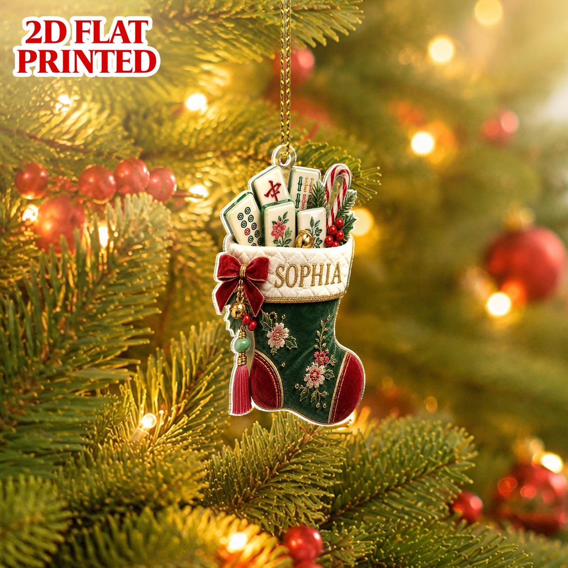 Personalized Mahjong Christmas Ornament, Custom Name Stocking Ornament, 2D Flat Printed Holiday Keepsake, Mahjong Lover Gift