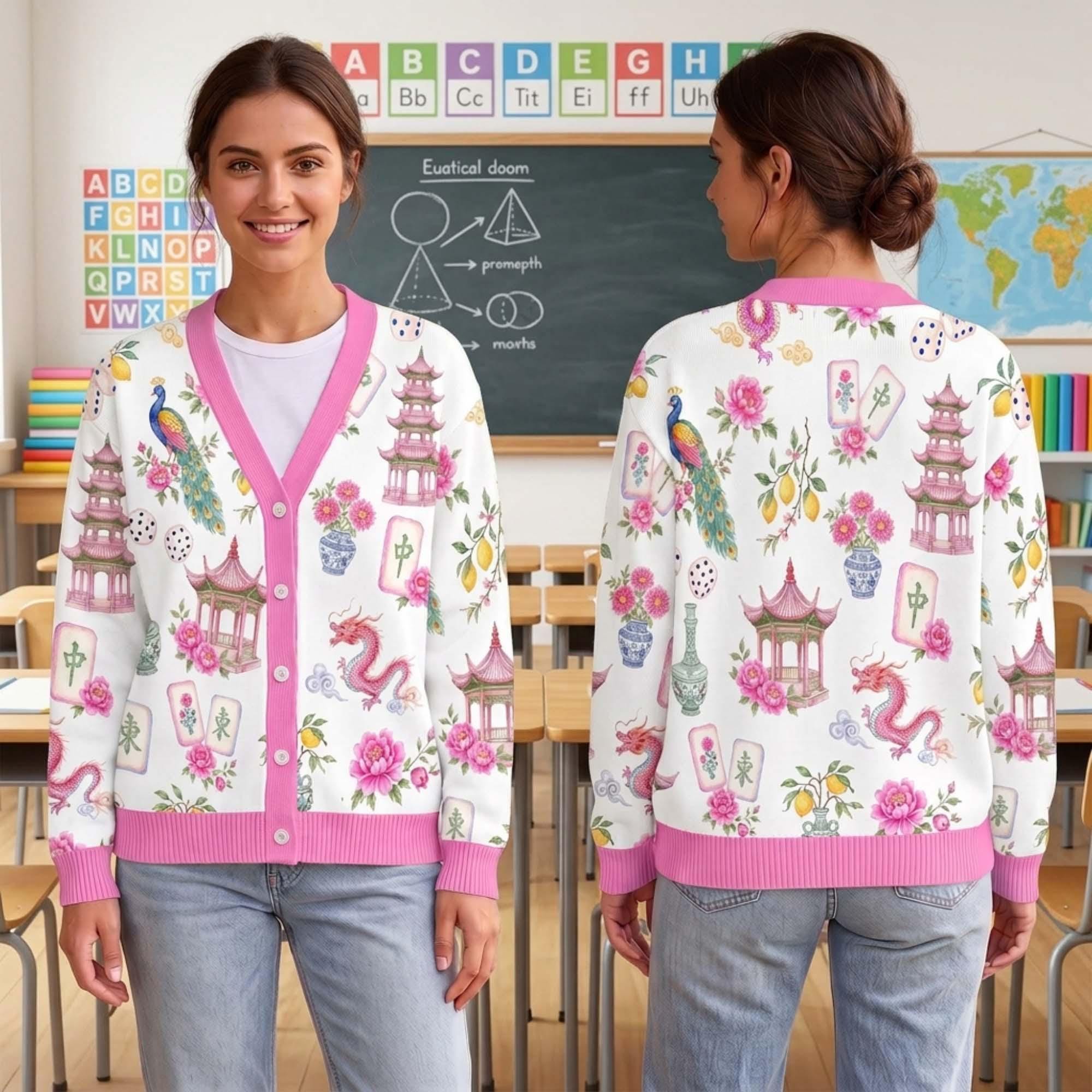 Mahjong Cardigan Sweater, Chinoiserie Floral Tile Print Knitwear, Retro Asian Aesthetic Outfit, Women Game Night Mahjong Lover Gift
