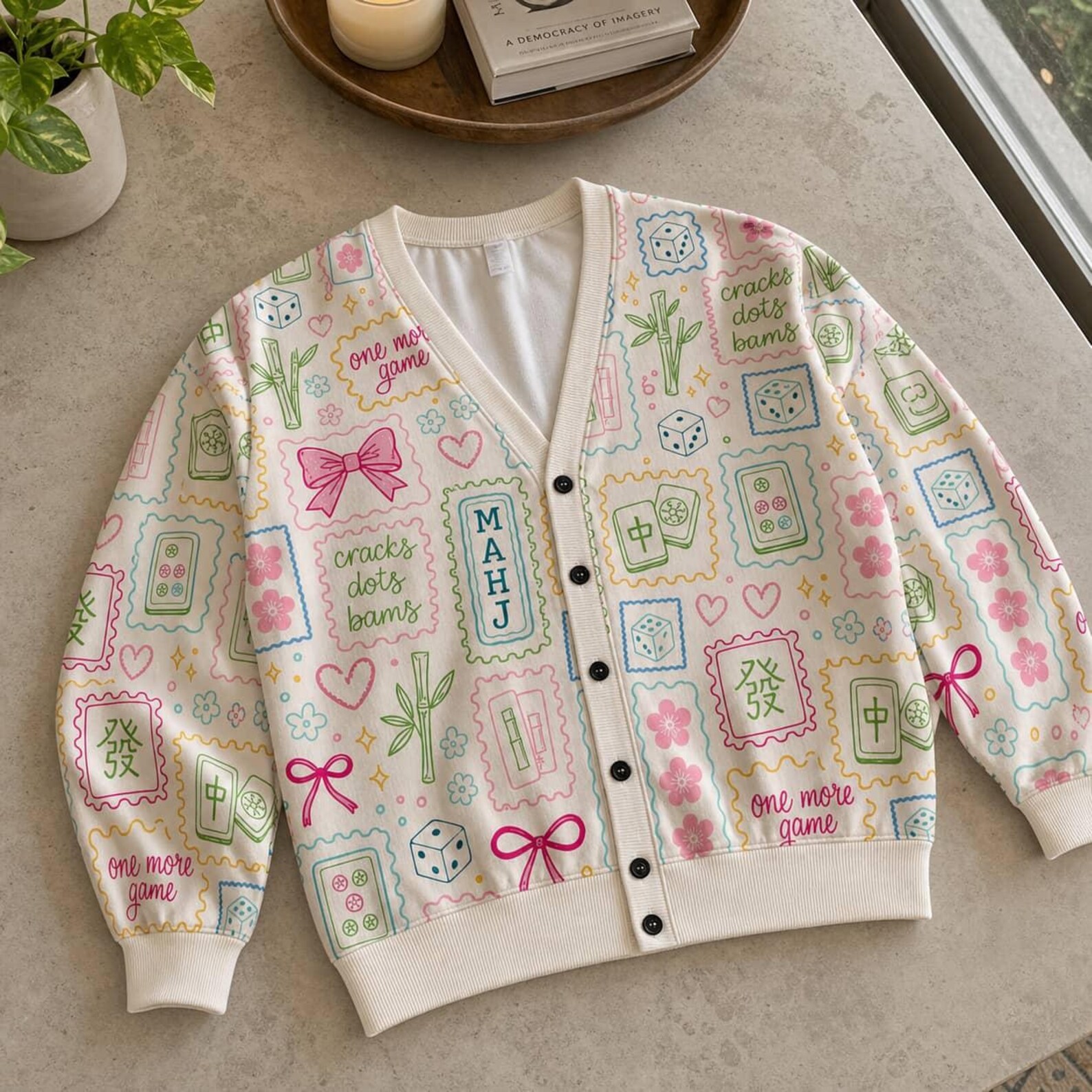Mahjong Knit Cardigan: Pastel Preppy Mahj Tile Print V-Neck Button Up Sweater