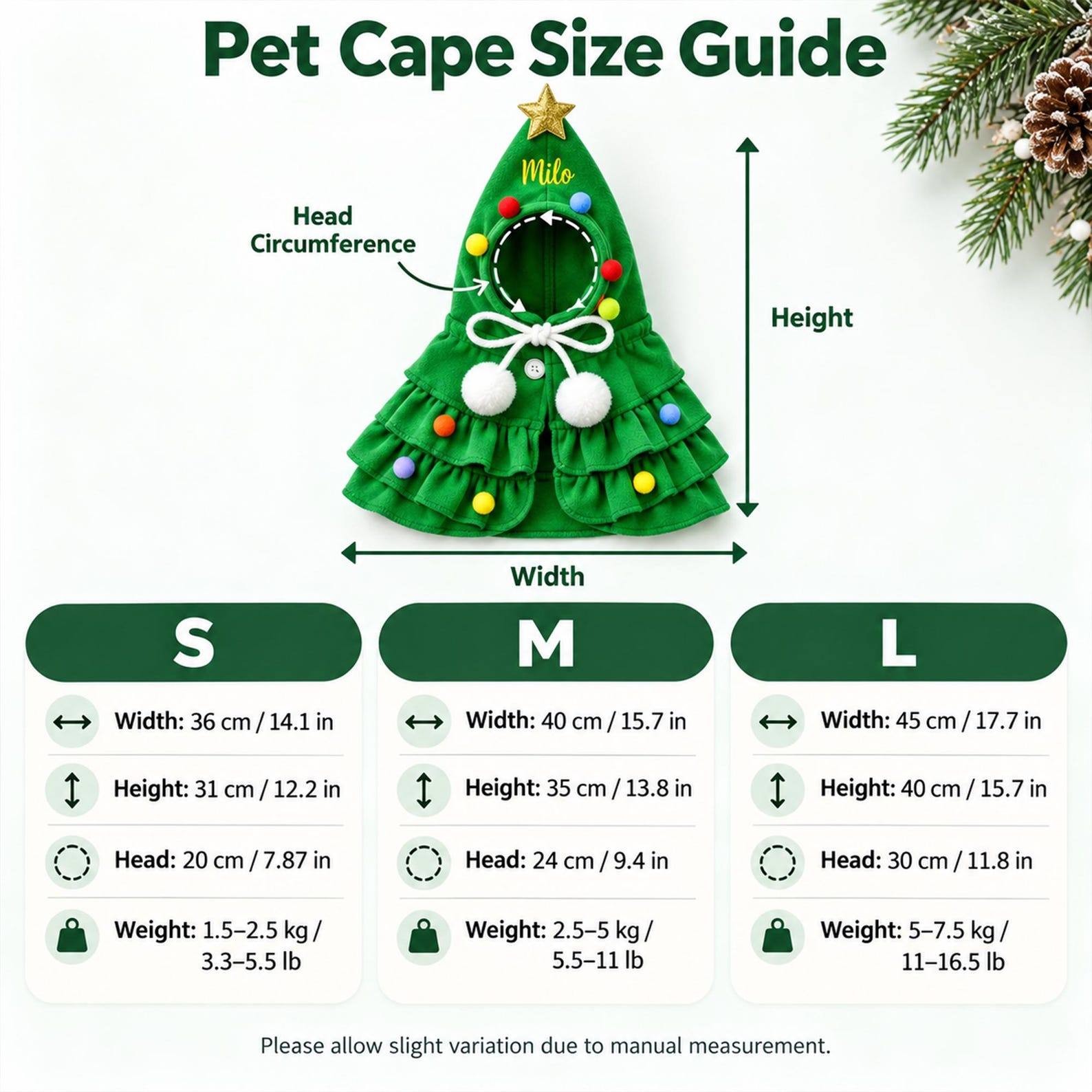 Personalized Christmas Tree Design Cat Small Dog Pet Cape with Embroidery Name Christmas Gift for Pet Owners Lovers
