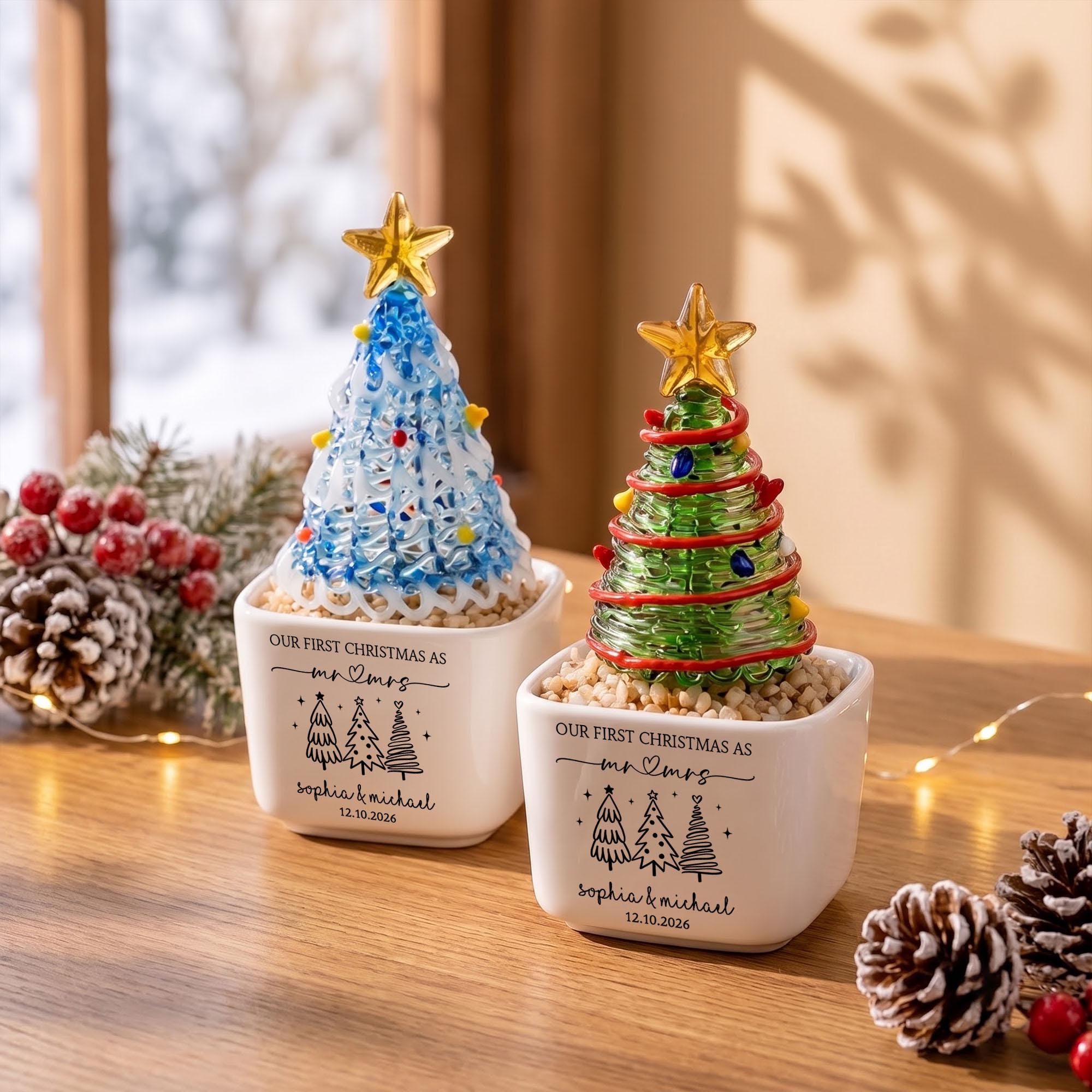 Personalized Mr Mrs Glass Christmas Tree Pot, Wedding Gift, Personalized First Christmas Keepsake, Our 1st Christmas Mr & Mrs Planter,Housewarming Gift