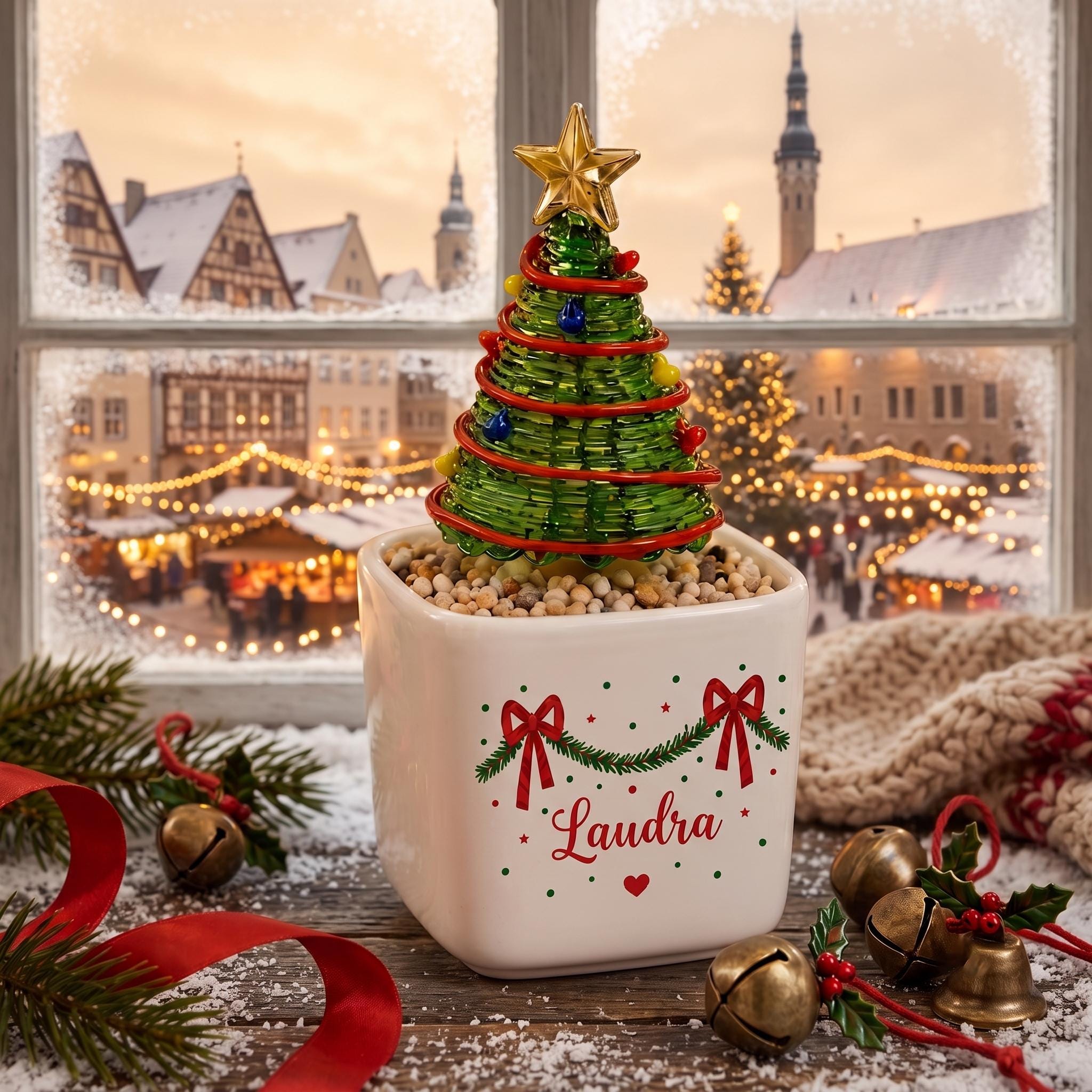 Personalized Glass Christmas Tree in Ceramic Pot, Custom Name Holiday Table Decor, Cute Mini Tree Figurine, Christmas 2026 Gift