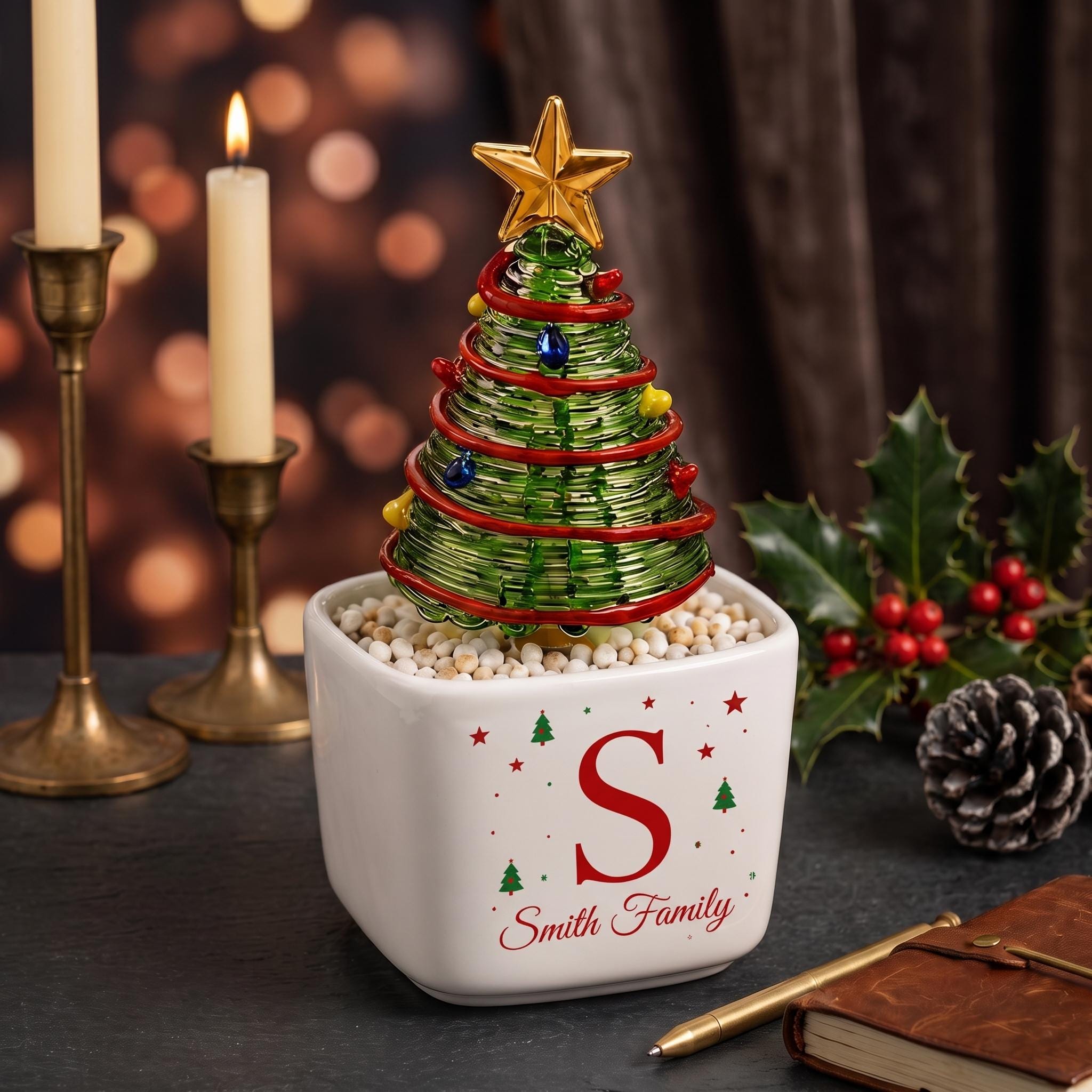 Personalized Glass Christmas Tree, Custom Name Mini Holiday Decor, Christmas Keepsake, Secret Santa Teacher Coworker Gift
