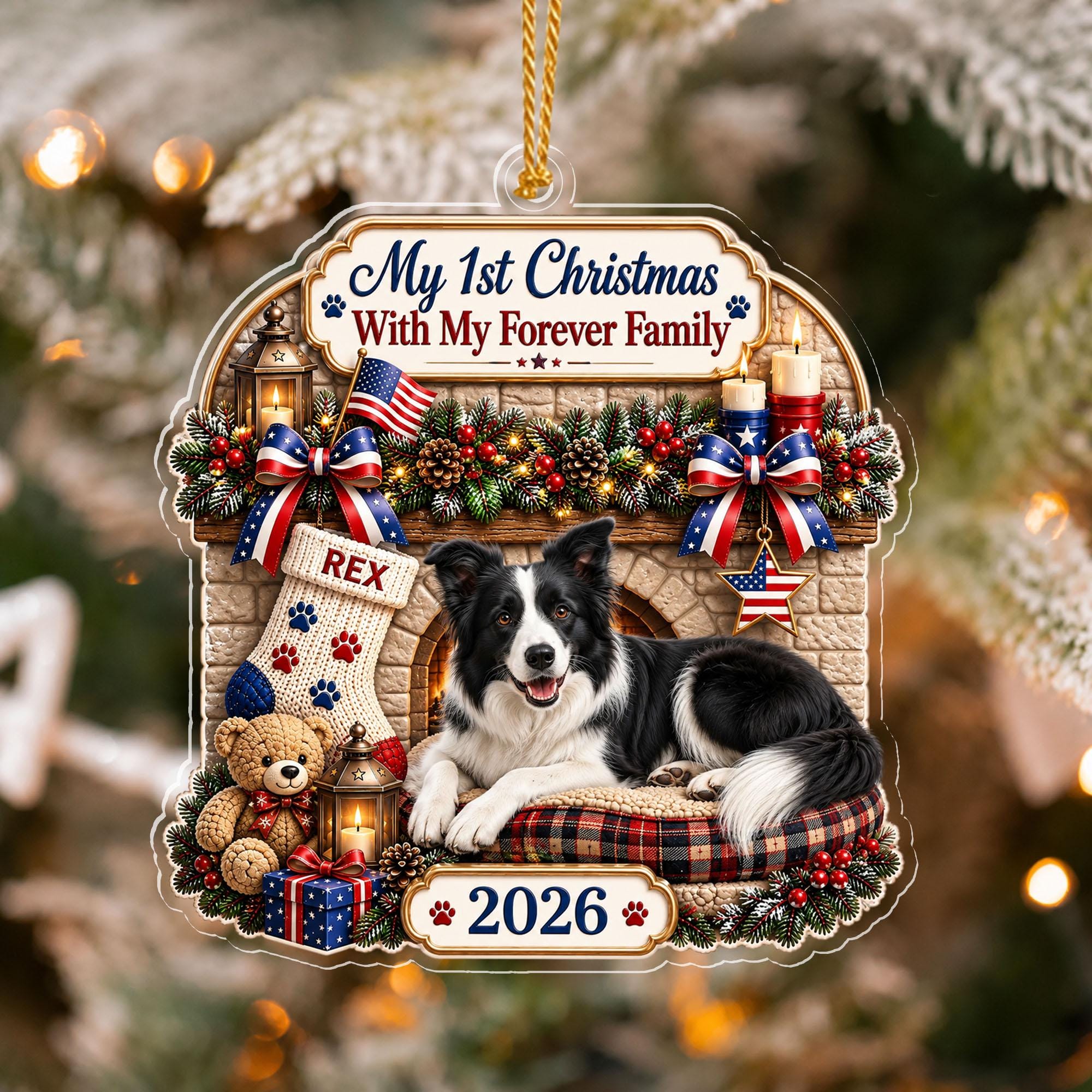 Personalized Pet Photo Ornament, Dog's My First Christmas With My Forever Family, Custom Dog Adoption Gift, Rescue Pet Keepsake, 2D Flat
