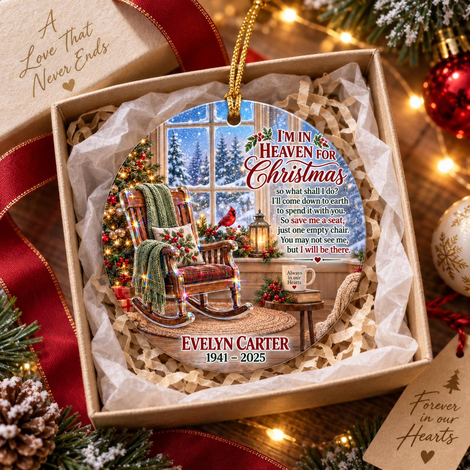 Personalized Photo Memorial Hologram Ornament, I'm In Heaven For Christmas Empty Chair, Sympathy Loss Glitter Gift 2026,Loss Of Loved One Gifts