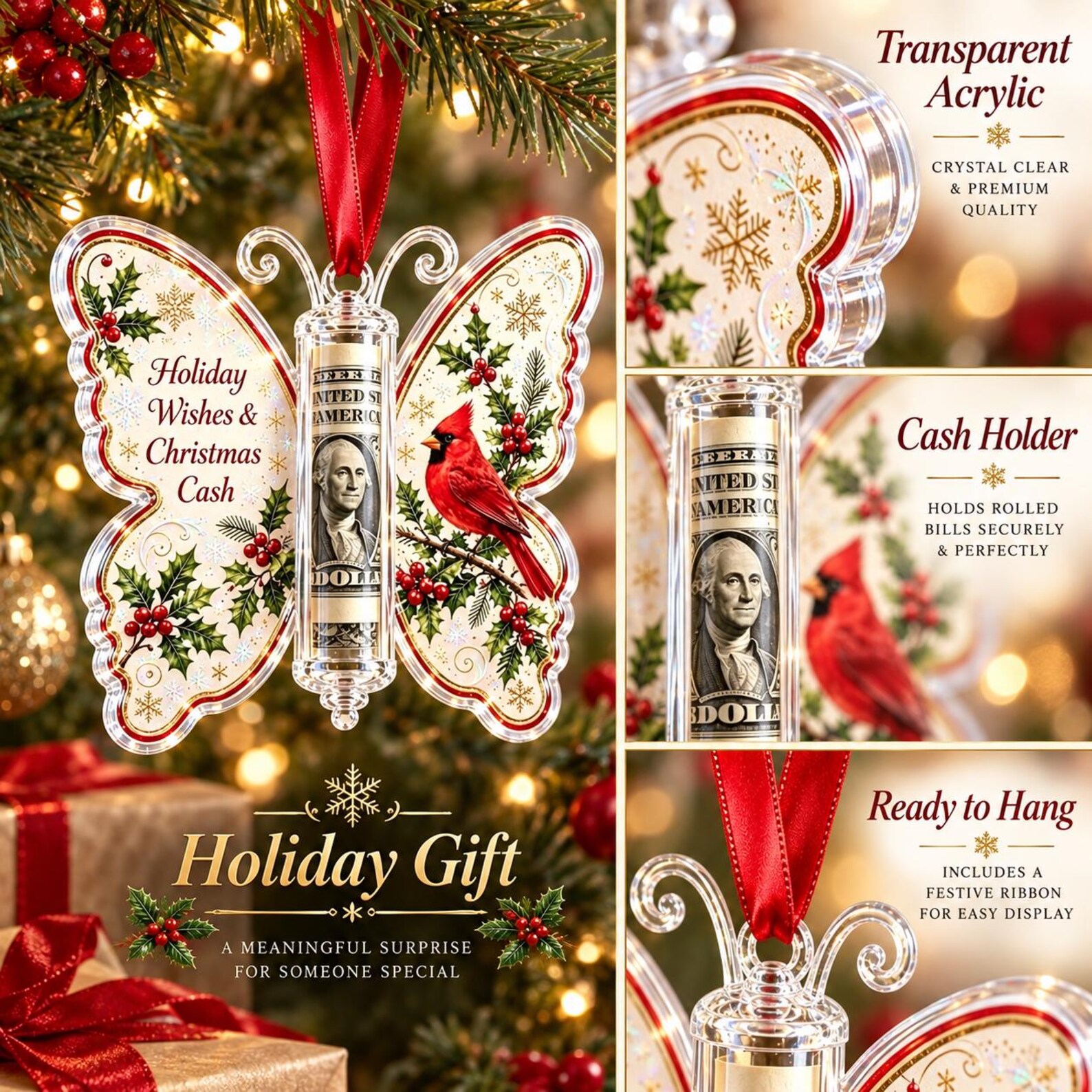 Personalized Butterfly Christmas Cash Holder Ornament, Acrylic Money Gift Holder, Xmas Tree Hanging Decoration, Unique Holiday Gift