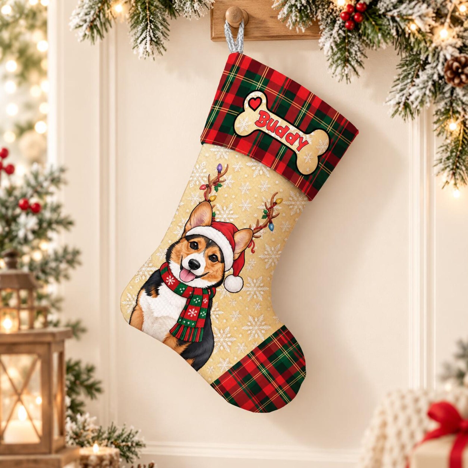 Personalized Christmas Bone Stocking, Custom Pet Photo Name Stocking with Checkered Plaid Pattern, Cute Holiday Decor Gift for Pet Lovers