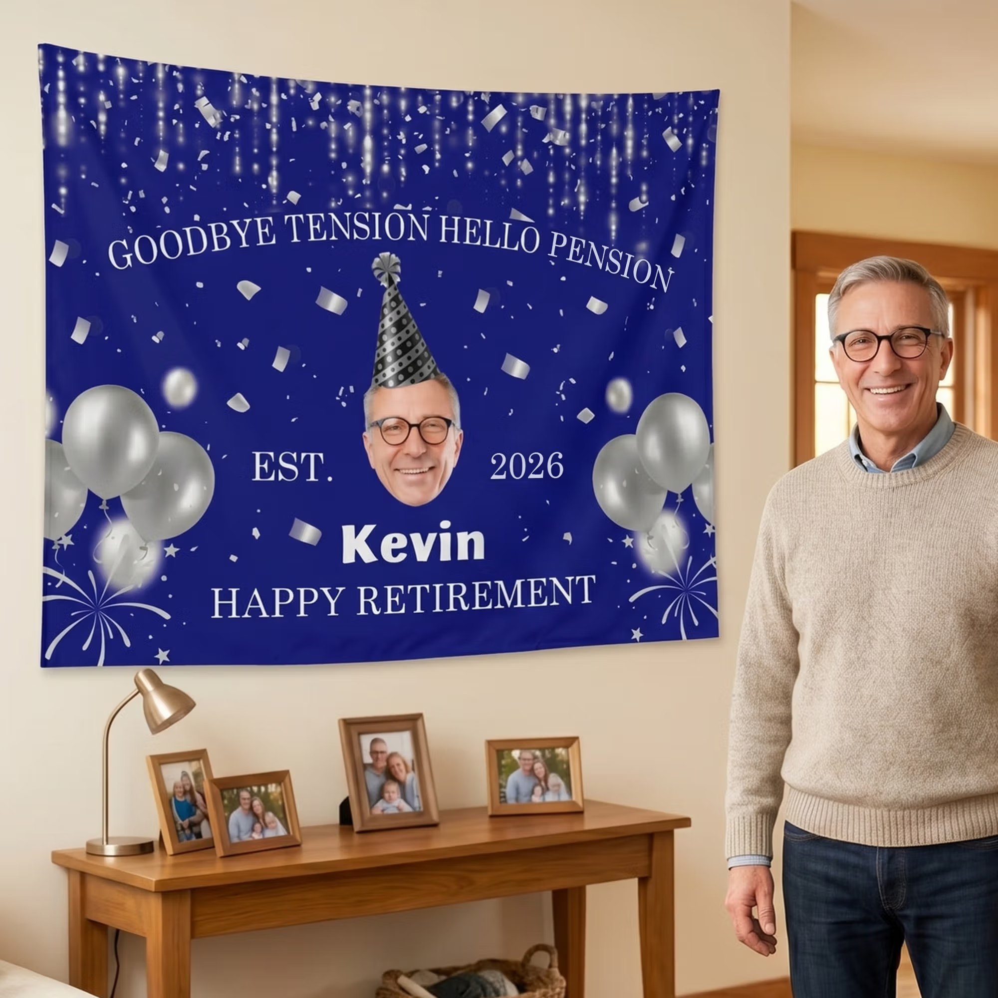 Personalized Happy Retirement Party Hat Photo Balloons Banner with Name and Year Party Backdrop Decor Retirement Gift for Retiree Coworker Family