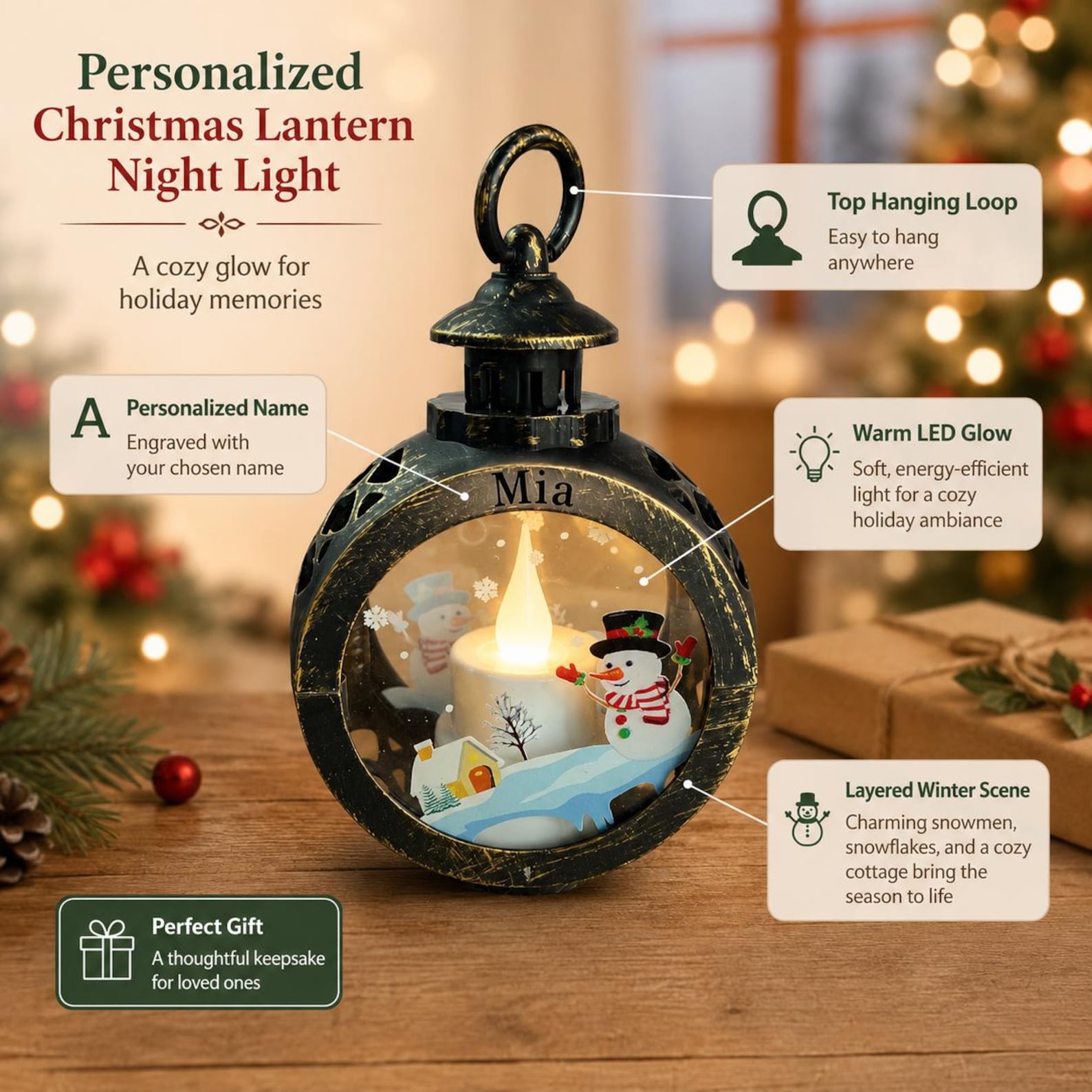 Personalized Christmas Lantern Night Light, LED Snowman or Santa Holiday Decor