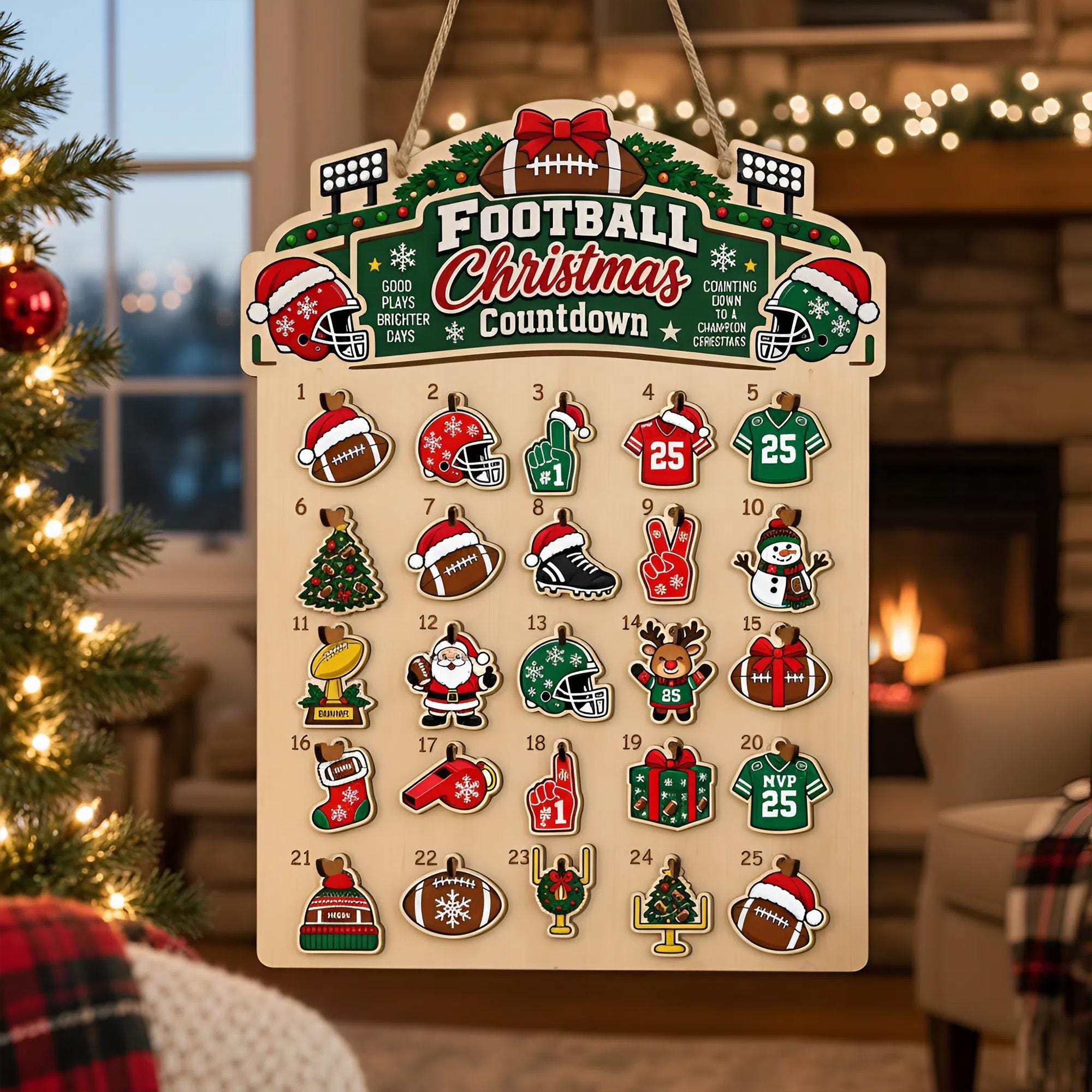 Wooden Football Christmas Advent Calendar, 25-Day Hanging Ornament Countdown