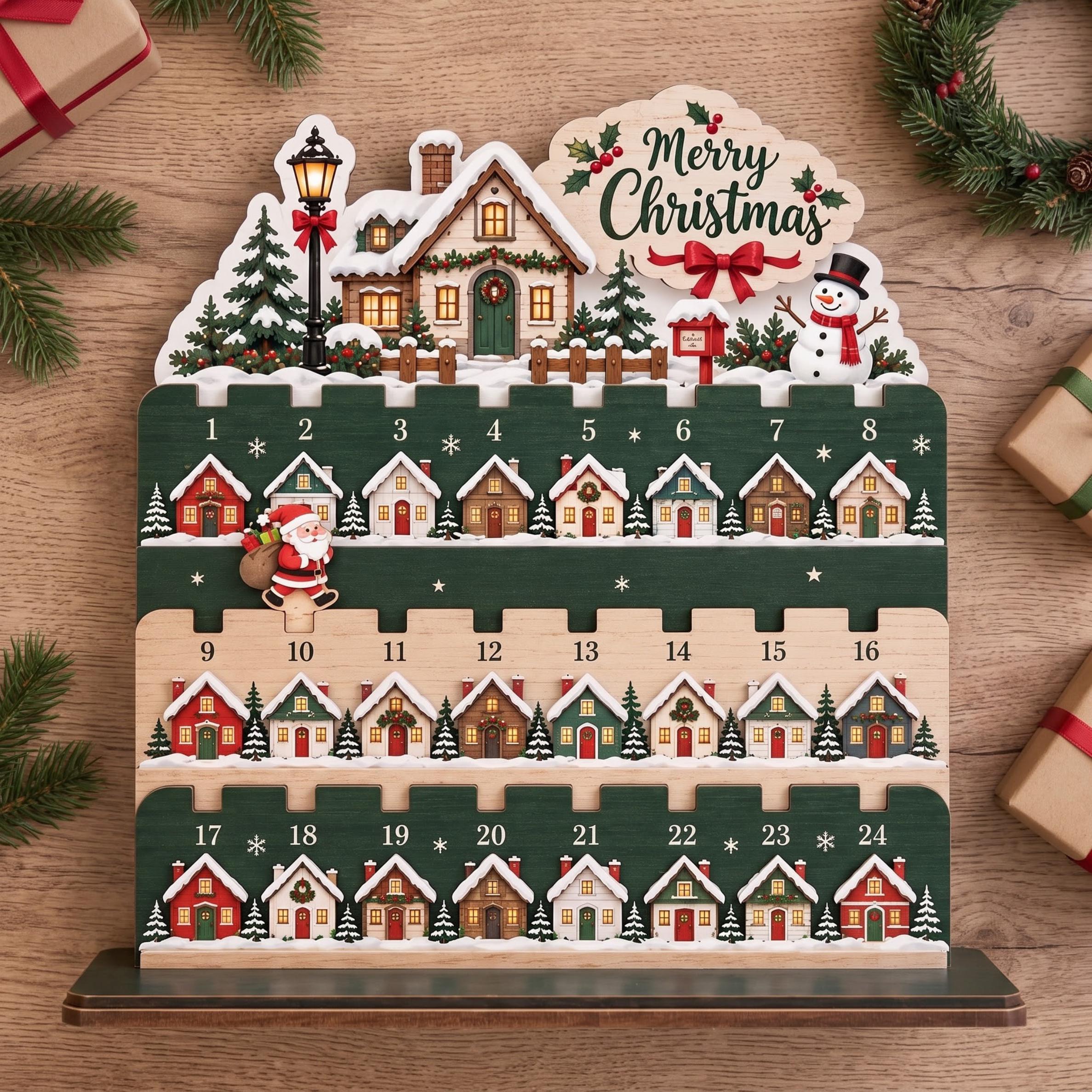 Christmas Countdown Calendar Wooden Stand, 24-Day Advent, Santa Village Decor